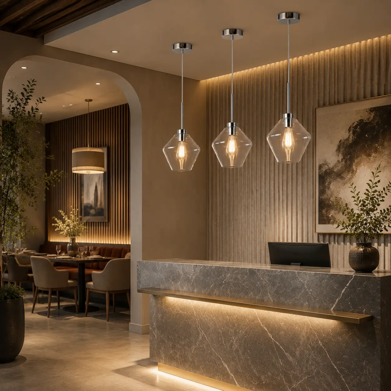 The Luminos Edge Clear Glass Pendant in Modern Transitional Dining Scene