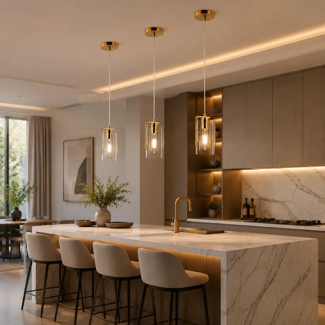 Luxe Frame Modern Cylinder Pendant Light Suspended over Marble Kitchen Island in Luxury Residence