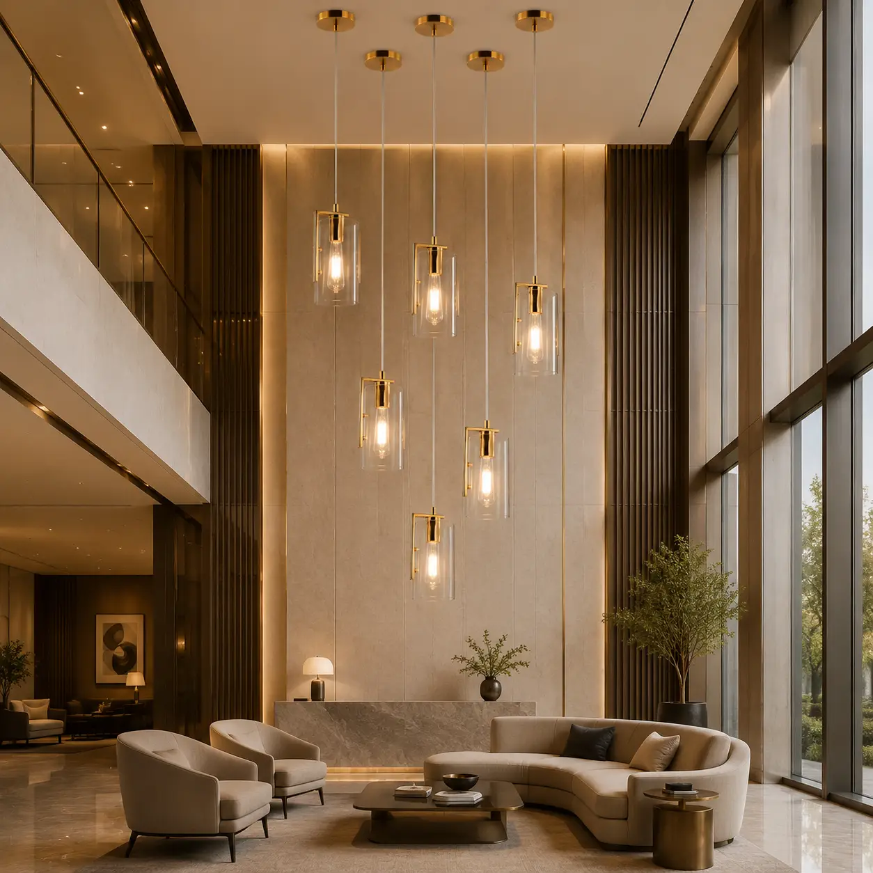 Custom Multi-Cylinder Luxe Frame Pendant Array in High-Ceiling Commercial Hotel Lounge
