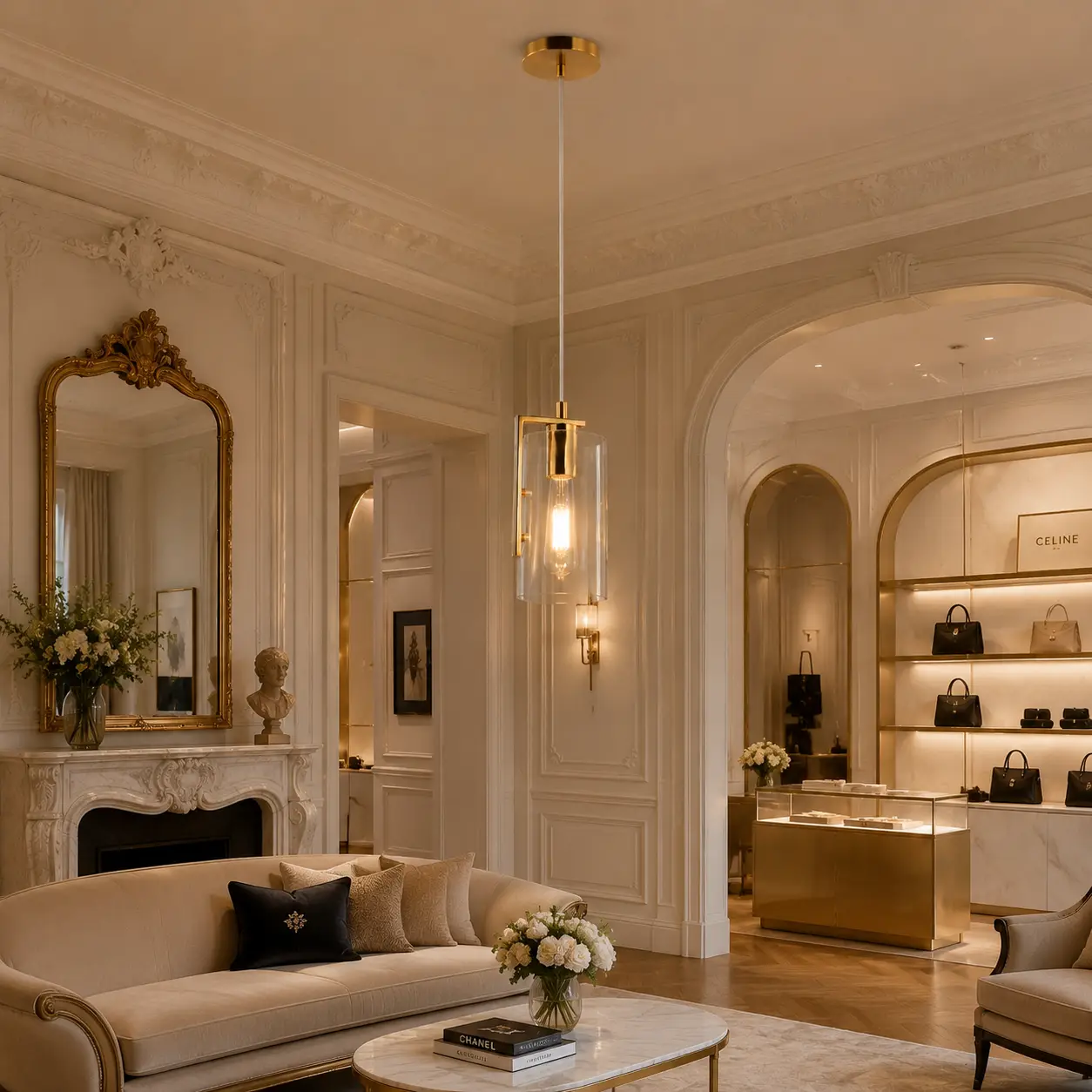 Brushed Brass Luxe Frame Cylinder Pendant in French Light Luxury Living Salon