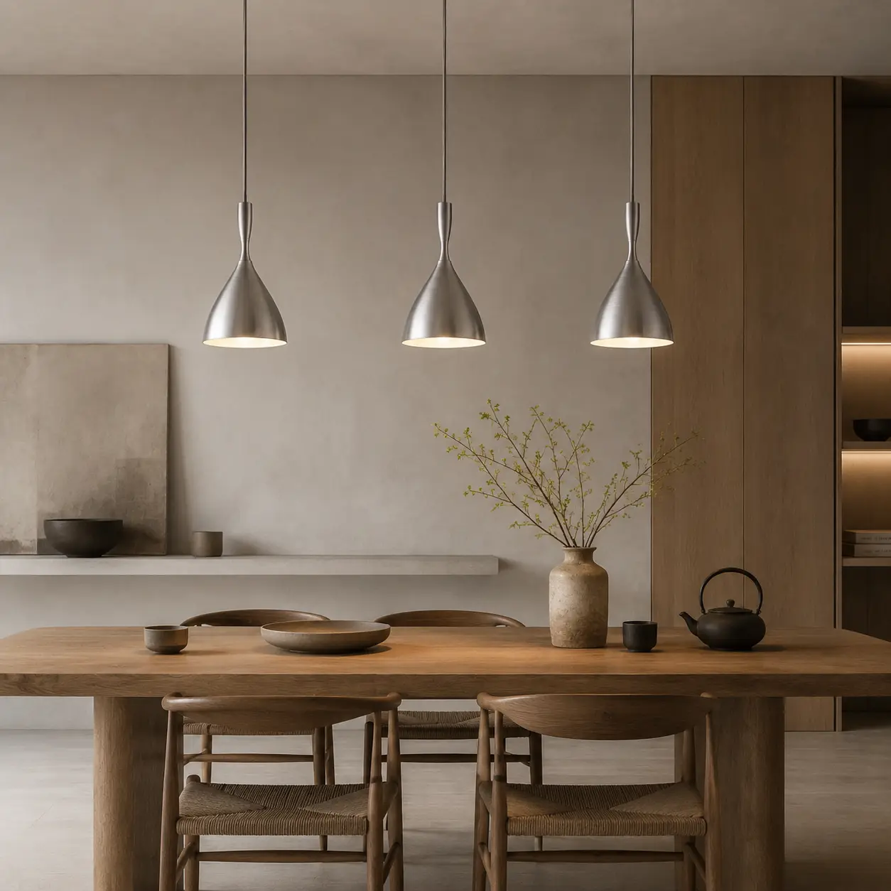 The Zenith Modern Cone Pendant Light in Japandi Dining Scene