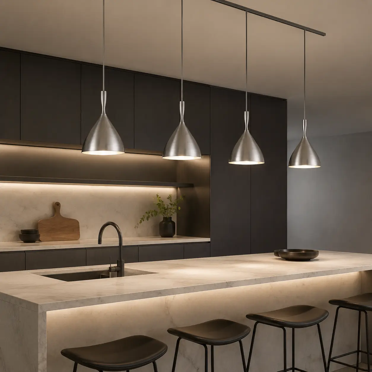 The Zenith Modern Cone Pendant Light in Modern Minimalist Kitchen Island Scene