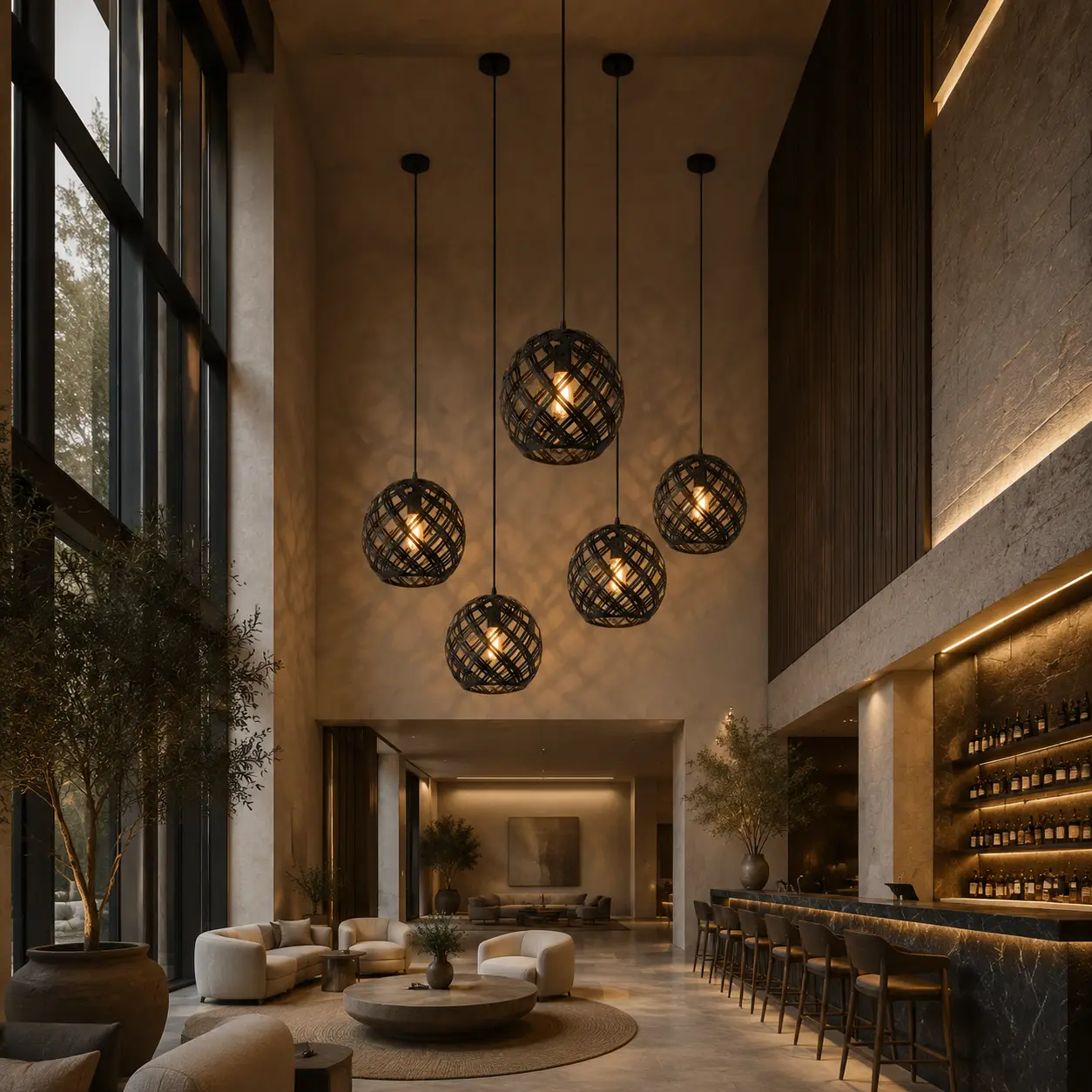 Large Oversized Multi-Light Bloom Weave Pendant in Luxury Hotel Lobby Lounge