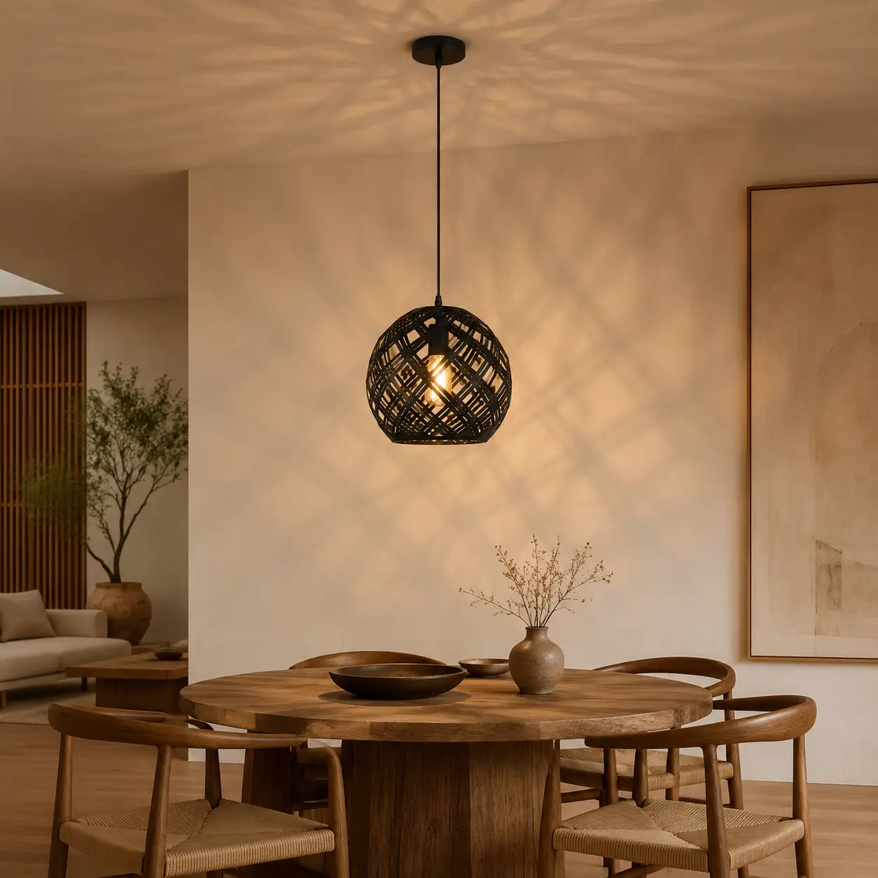 Bloom Weave Iron Pendant Suspended in Japandi Natural Wood Dining Room Setting