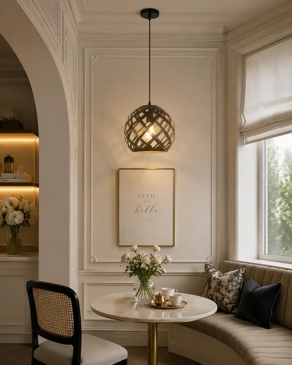Brushed Brass Finish Bloom Weave Pendant in French Light Luxury Seating Nook