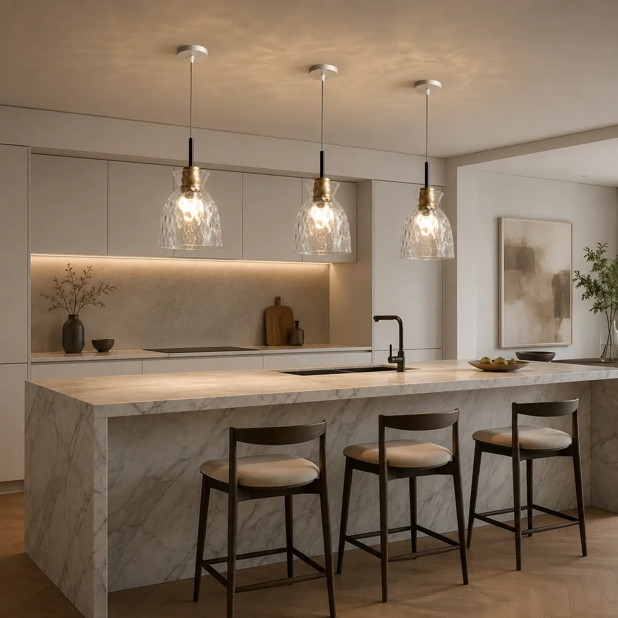 Petal Ripple Glass Pendant Light Suspended over Marble Kitchen Island in Modern Minimalist Residence