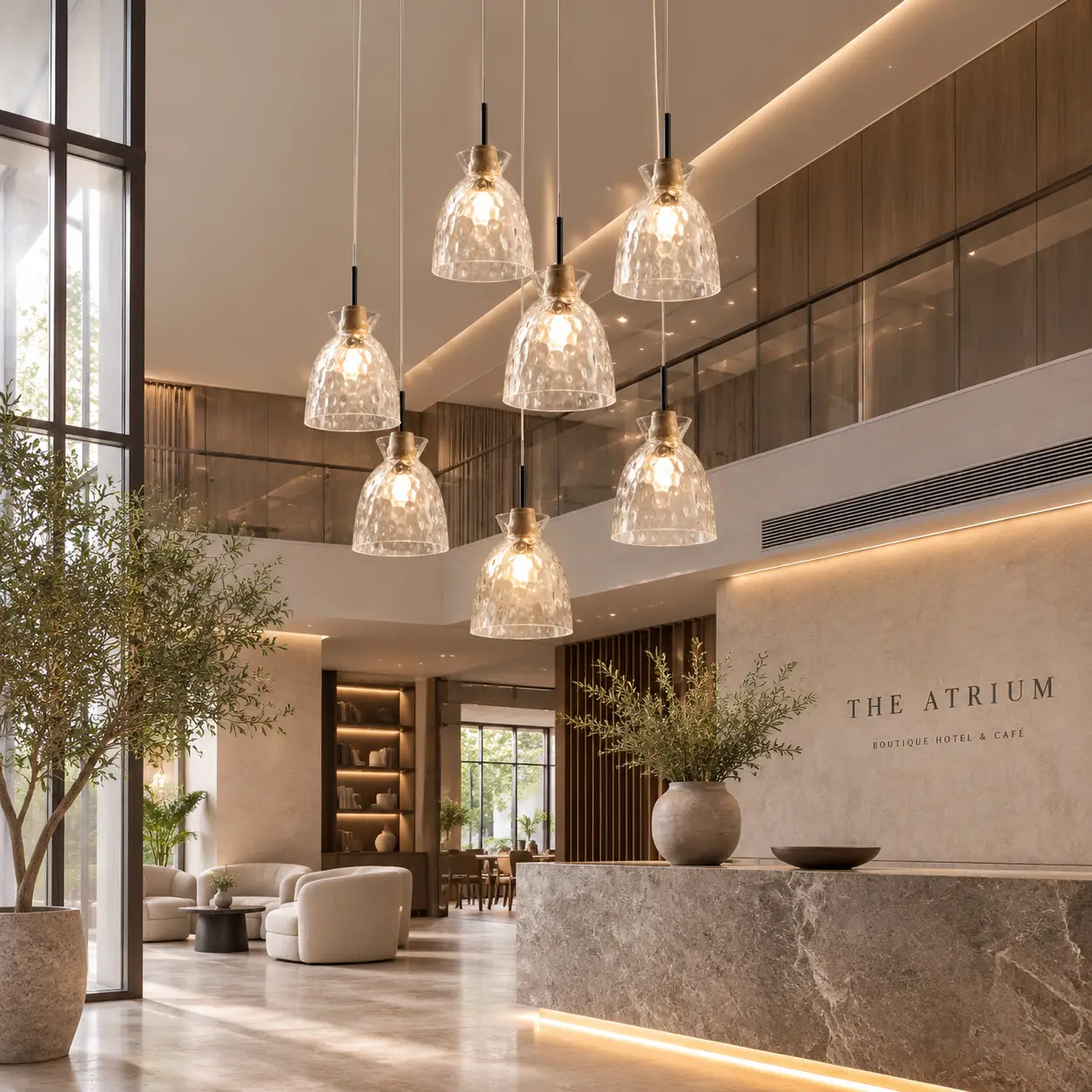 Multi-Light Cluster Canopy Configuration of Petal Ripple Pendants in Hotel Cafe Lounge