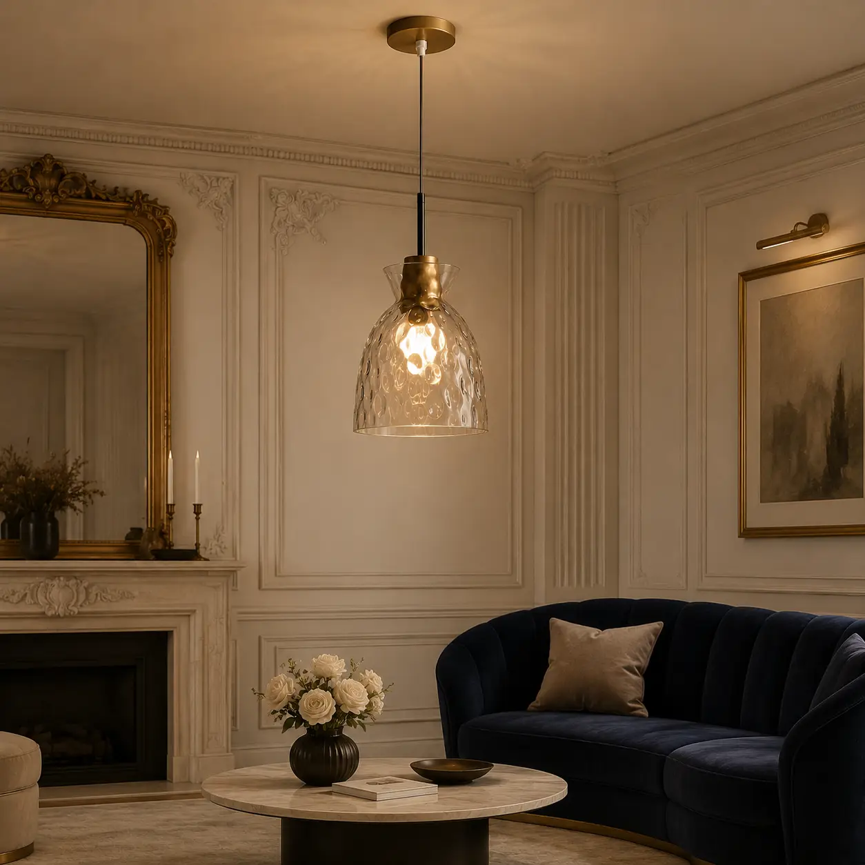 Amber Tinted Petal Ripple Pendant Light in French Light Luxury Living Room