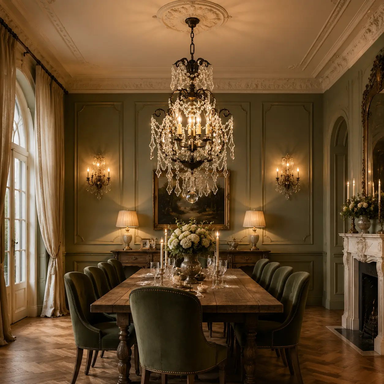 3D Render Suggestion: An elegant French Light Luxury dining hall with warm herringbone wood flooring, muted olive green wainscoting, and a long rustic solid wood dining table flanked by velvet upholstered chairs. Suspended directly above is The Victorian Bloom Chandelier. The 3D render emphasizes the rich contrast between the dark antique bronze finish and the sparkling K9 crystal beads, showing how the fixture grounds the dining zone with warm, nostalgic elegance.
