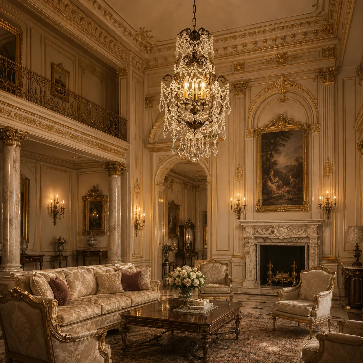 3D Render Suggestion: A grand Neoclassical estate salon with majestic double-height ceilings, decorated with ornate plaster cornices, gold leaf wall paneling, and antique marble fireplaces. Hanging as the crown jewel is The Victorian Bloom Chandelier. The 3D simulation illustrates how its dense K9 crystal draping catches the warm illumination from the resin candle holders, balancing the symmetrical proportions of the grand architectural space and casting rich, nostalgic bronzed shadows across the walls.