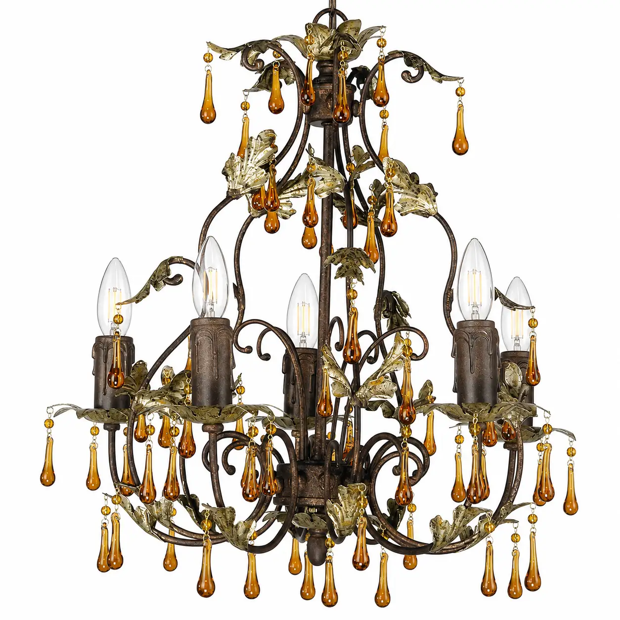 5-Light-Antique-Bronze-Chandelier-with-Golden-Leaf-Accents-and-Amber-Crystal-Drops-1 5-Light-Antique-Bronze-Chandelier-with-Golden-Leaf-Accents-and-Amber-Crystal-Drops-1