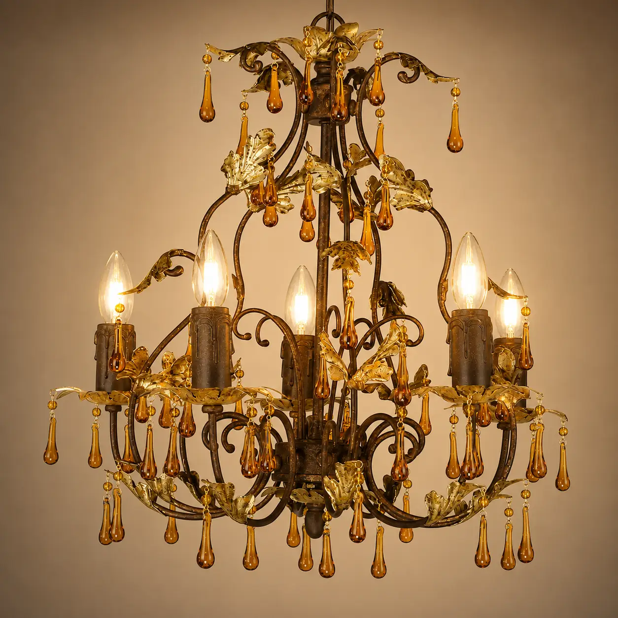 5-Light-Antique-Bronze-Chandelier-with-Golden-Leaf-Accents-and-Amber-Crystal-Drops-3 5-Light-Antique-Bronze-Chandelier-with-Golden-Leaf-Accents-and-Amber-Crystal-Drops-3