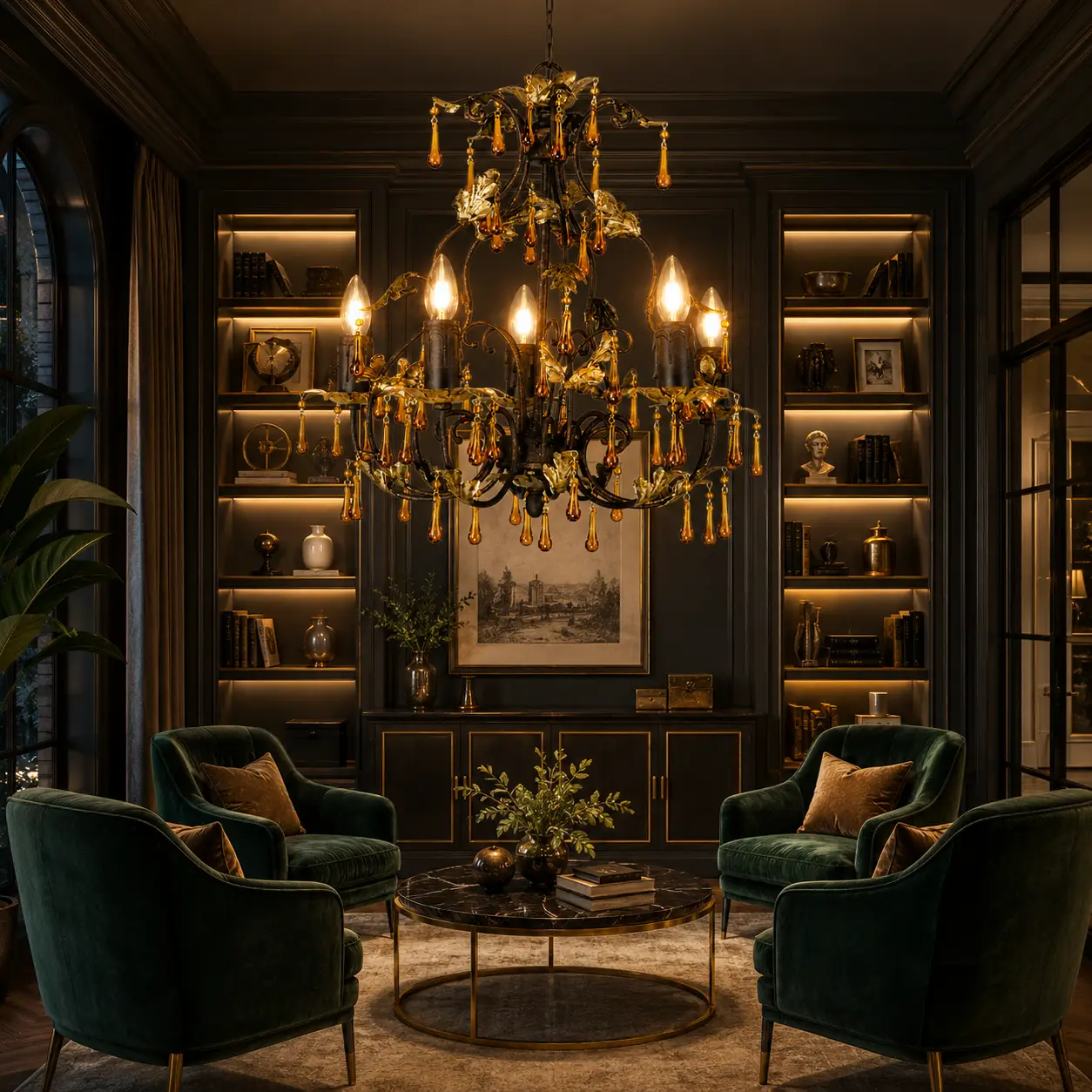 5-Light-Antique-Bronze-Chandelier-with-Golden-Leaf-Accents-and-Amber-Crystal-Drops-modern-transitional 5-Light-Antique-Bronze-Chandelier-with-Golden-Leaf-Accents-and-Amber-Crystal-Drops-modern-transitional