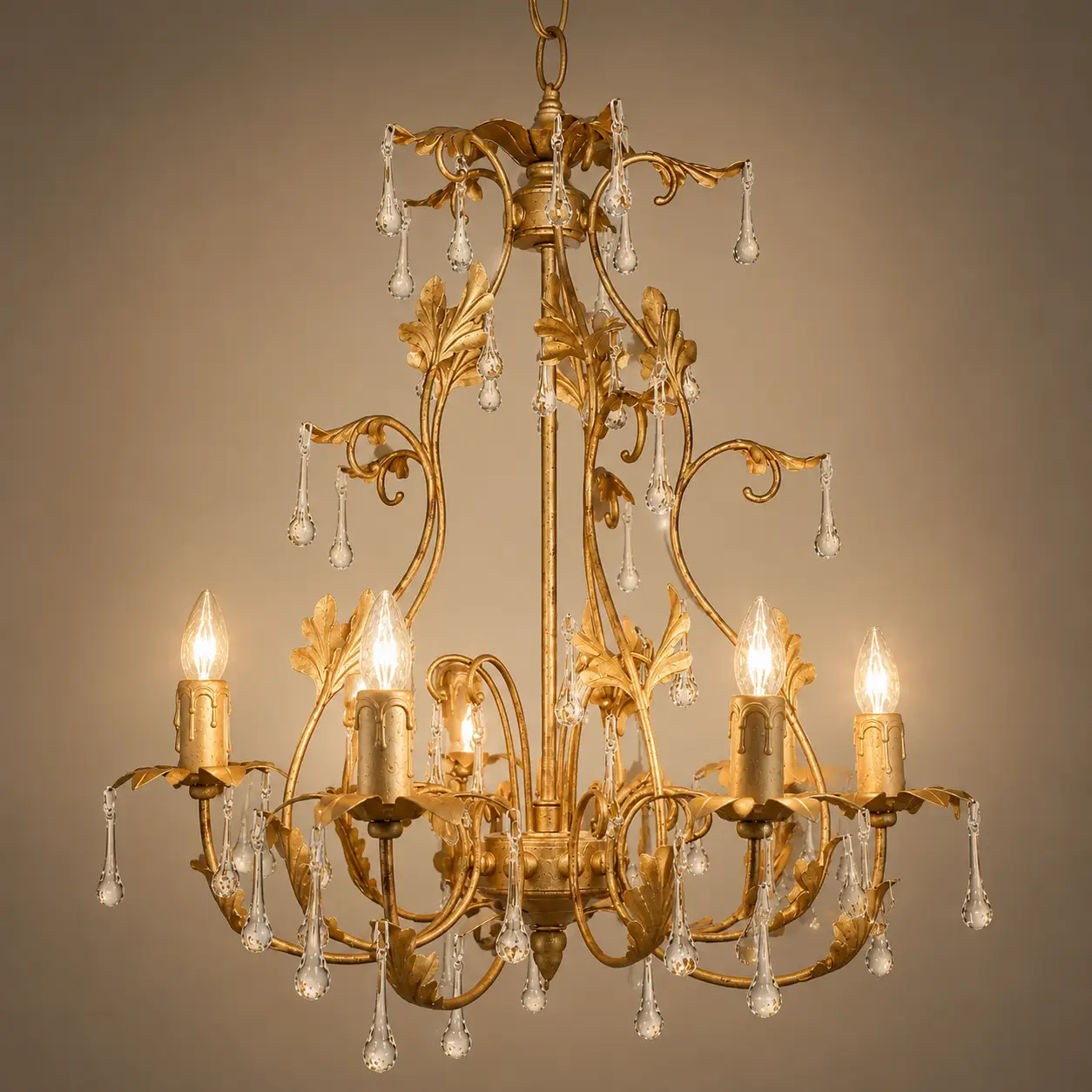 5-Light-Antique-Gold-Brass-Chandelier-with-Life-Sized-Floral-Motifs-and-Clear-Glass-Accents-3 5-Light-Antique-Gold-Brass-Chandelier-with-Life-Sized-Floral-Motifs-and-Clear-Glass-Accents-3