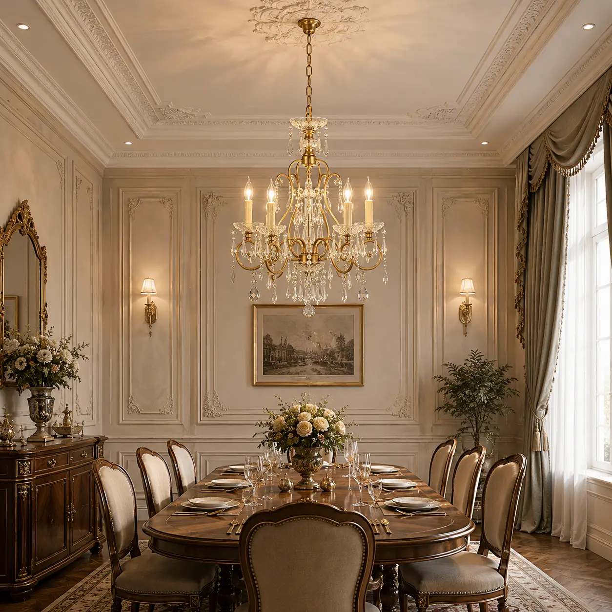 3D Space Concept showcasing the 5-Light Golden Brass Chandelier with K9 Crystal Prisms hanging over a marble dining table in an elegant French Light Luxury room with refined plaster wall moldings