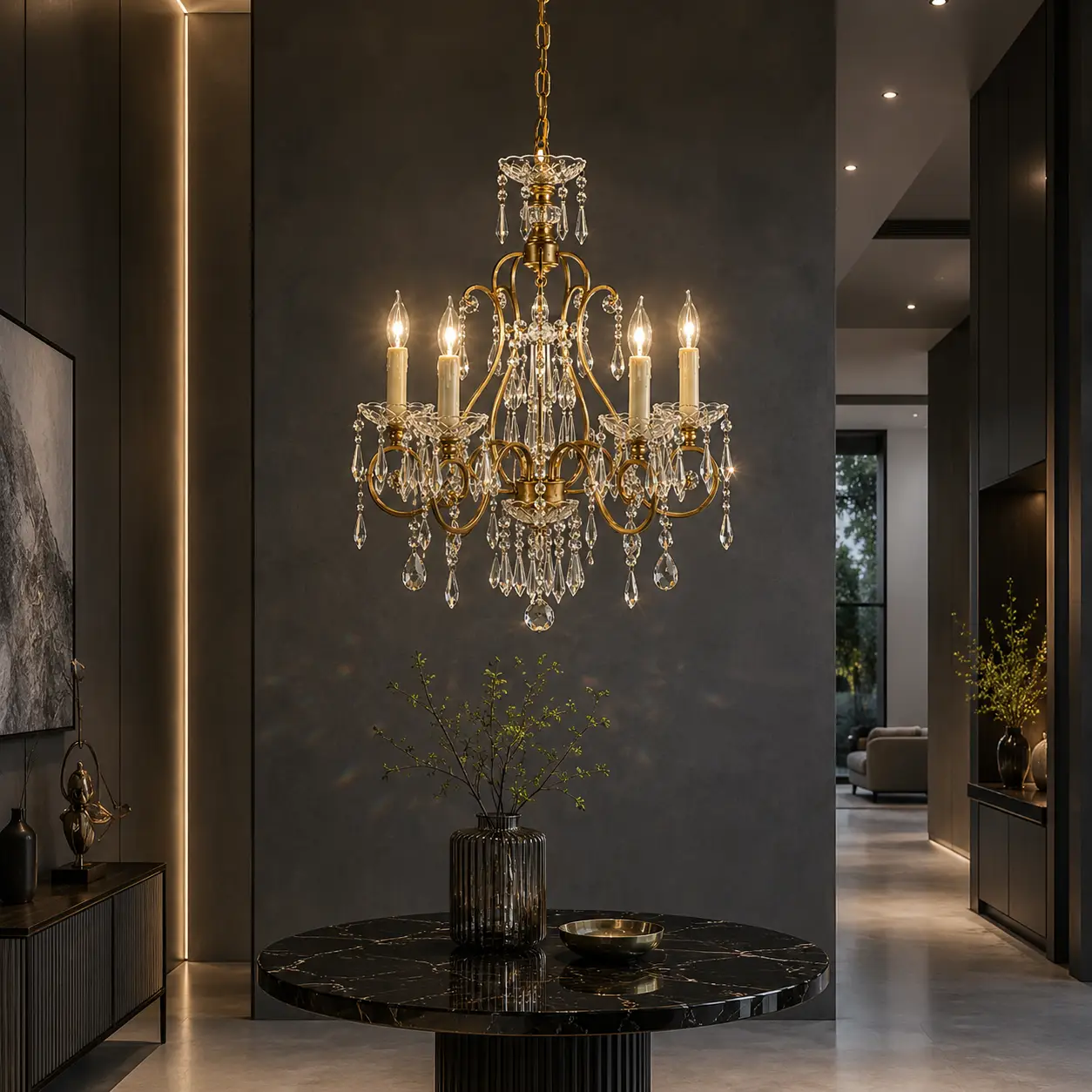 3D Architectural Render of Golden Brass Crystal Chandelier with Calyx accents hanging in a minimalist high-ceiling entryway foyer with matte charcoal micro-cement walls