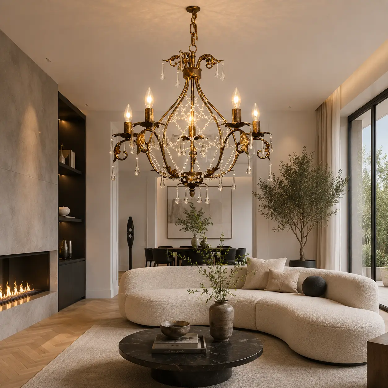 3D Render Suggestion: A modern transitional open-plan living room with light oak chevron wood floors, a sleek cream boucle sofa, and minimalist black metal accents. Hanging elegantly above is the Tuscano 5-Light Pendant. The 3D render highlights how the organic lines of the rust-gold leaf chassis and the brilliant K9 crystal swags break the room's clean lines, creating a luxurious, warm, and highly sophisticated focal point.
