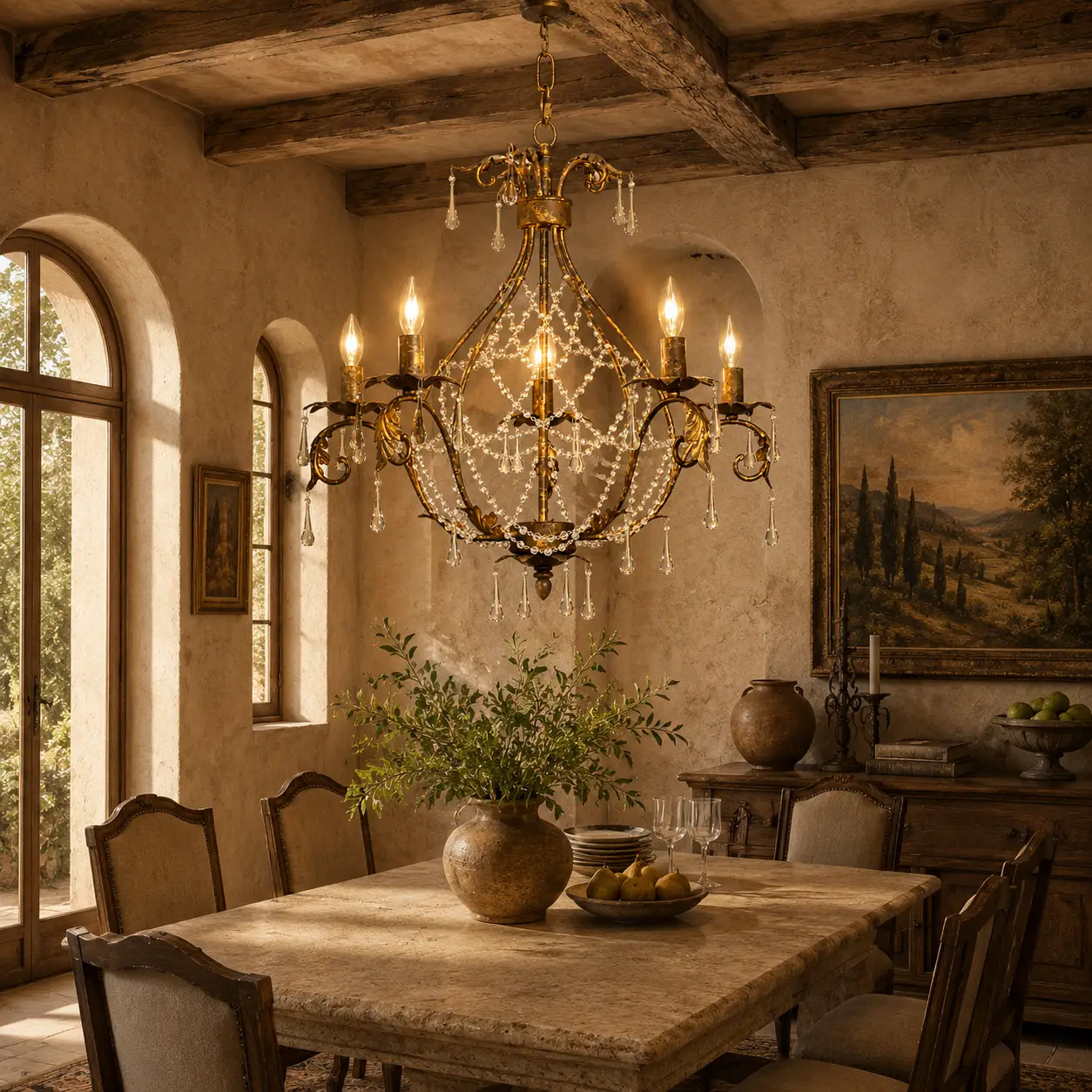 3D Render Suggestion: A warm Tuscan-style dining alcove featuring textured stucco walls, exposed heavy oak ceiling beams, and a natural travertine stone table. Hanging centrally is the Tuscano 5-Light Pendant. The 3D render illustrates how the warm rust-gold finish and hand-forged metal leaves coordinate with the organic materials of the room, while the K9 crystal droplets catch the golden hour sunlight filtering through rustic arched windows, adding an air of effortless Old-World luxury.