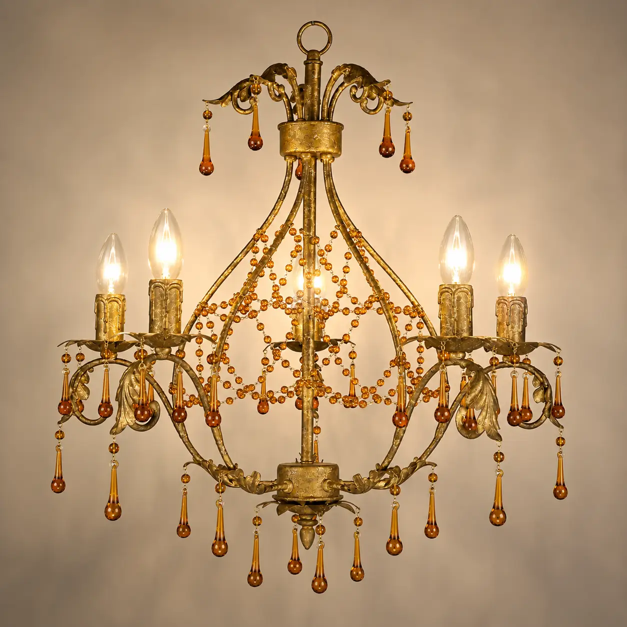 5-Light-Vintage-Gold-Chandelier-with-Amber-Crystal-Drops-and-Beaded-Garland-3 5-Light-Vintage-Gold-Chandelier-with-Amber-Crystal-Drops-and-Beaded-Garland-3