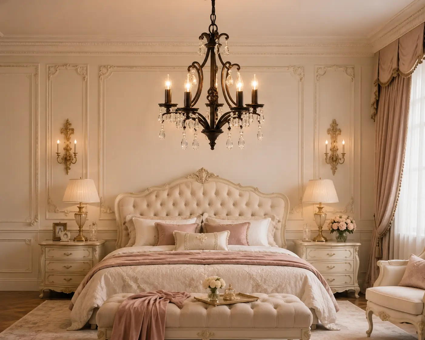 3D Render Suggestion: A luxurious Parisian Chic master bedroom featuring light-colored boiserie plaster moldings, a tufted cream headboard, and soft velvet drapes. Suspended above the bed is the 5-Light Classic Bronze Chandelier. The 3D render highlights the striking contrast of the dark bronze metal scrollwork against the light walls, while the K9 crystal strands catch the soft ambient bedroom lighting.