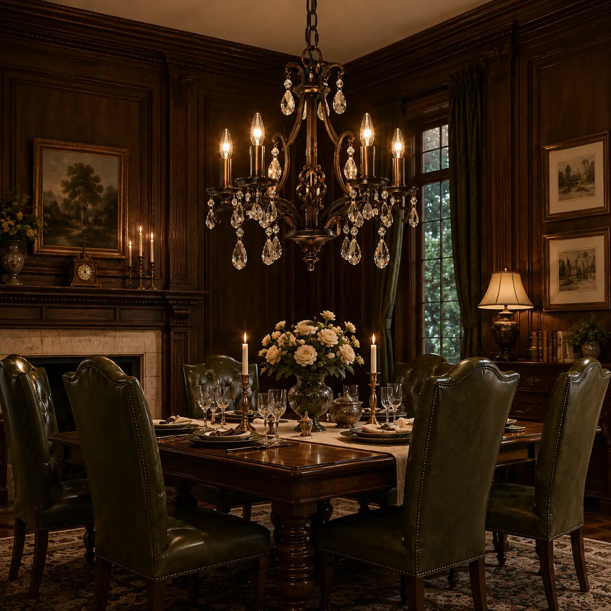 3D Render Suggestion: A formal American Vintage dining room featuring dark walnut wood wall paneling, a massive solid oak dining table, and rich olive green leather dining chairs. Suspended in the center is the 5-Light Classic Bronze Metal Chandelier. The 3D render captures how the hand-applied oil-rubbed bronze finish blends with the warm woodwork, while the high-refraction K9 crystal pendants sparkle vividly, adding an element of grand heritage to the dining space.