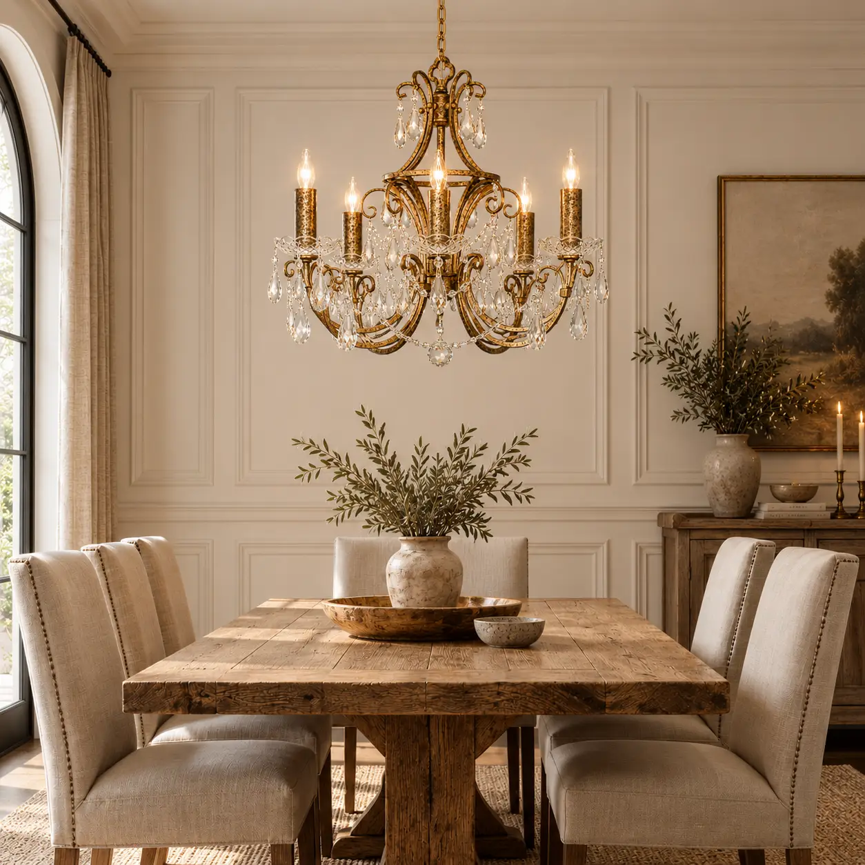 3D Render Suggestion: A modern French Country dining room featuring soft off-white boiserie wall panels, an rustic reclaimed oak dining table, and upholstered linen dining chairs. Hanging perfectly centered over the table is the 5-Light Handcrafted Iron Chandelier. The 3D render captures how the muted Antique Brushed Gold finish coordinates with the warm wood tones, while the shimmering K9 crystals introduce an element of light luxury that instantly softens the rustic, organic surroundings.