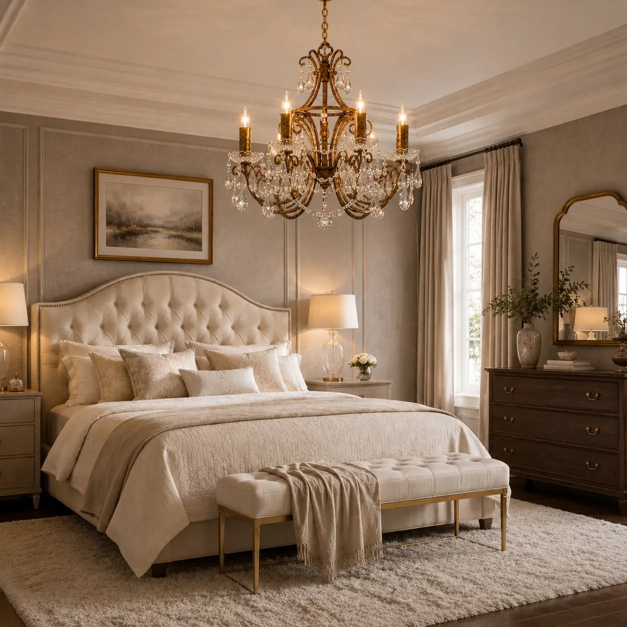 3D Render Suggestion: An elegant Transitional style master bedroom with a tufted cream velvet headboard, soft taupe wallpaper, and a plush wool rug. The 5-Light Handcrafted Iron Chandelier is suspended above the bed area. The 3D render demonstrates how the antiqued brushed gold metalwork echoes the room's warm neutral palette, while the K9 crystal beads add an elegant touch of jewelry-like glamour to the ceiling profile.