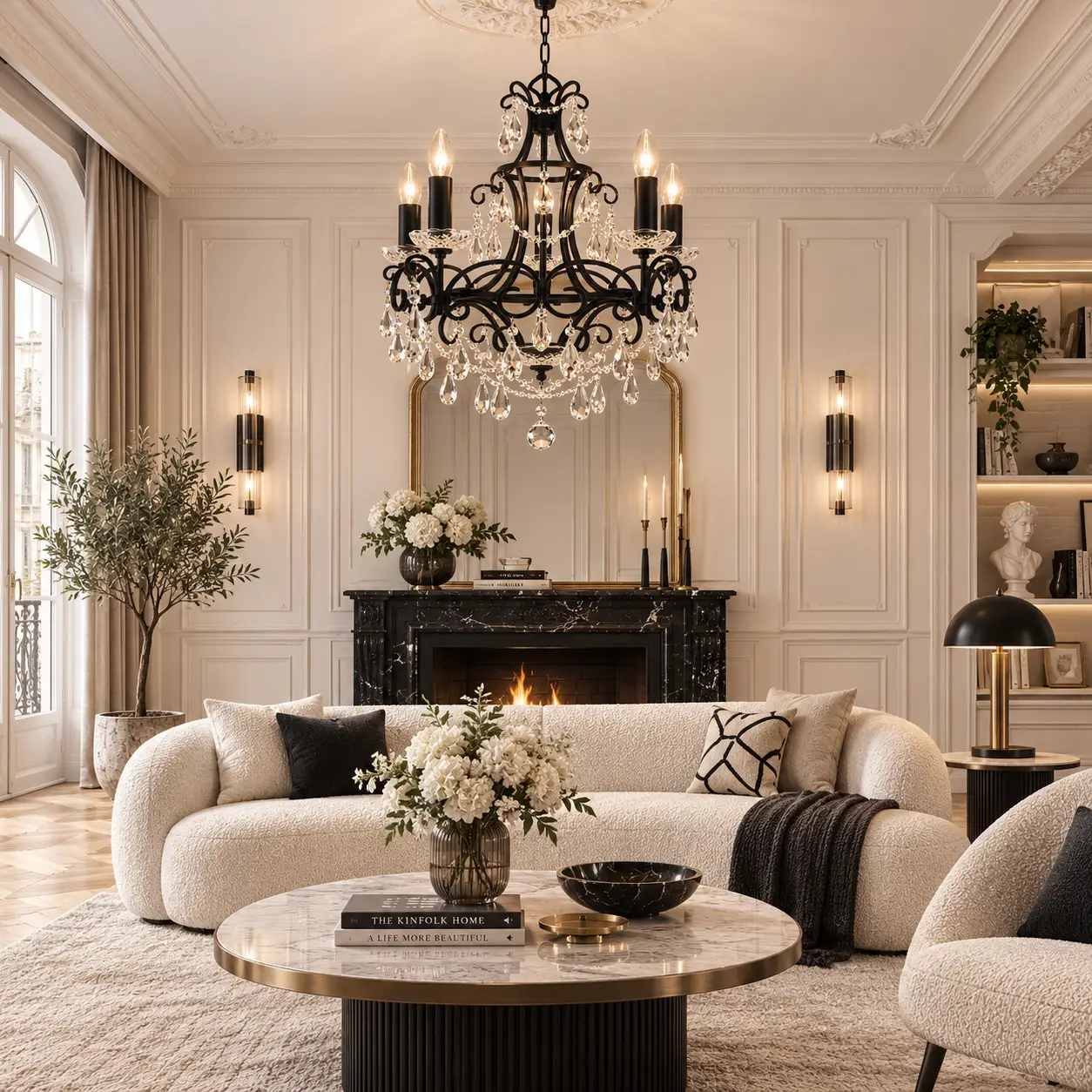 3D Render Suggestion: An elegant French Light Luxury living salon featuring white boiserie wood paneling, a light chevron oak floor, and a cream bouclé sofa. Centered in the vertical space is the 5-Light Matte Black Wrought Iron Chandelier. The 3D render highlights the fixture's delicate scale, showing how the dark silhouette provides an artistic center point that coordinates with black fireplace accents and light fixtures across the layout.