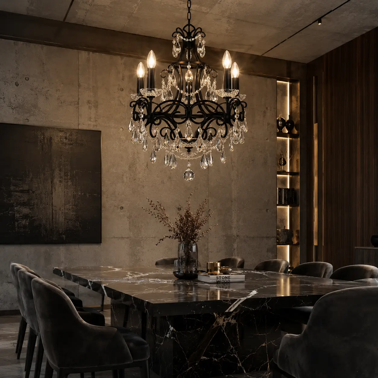 3D Render Suggestion: A dramatic Modern Luxury dining room with raw concrete walls, a massive black marble dining table, and minimal charcoal grey velvet dining chairs. Suspended overhead is the 5-Light Matte Black Wrought Iron Chandelier. The 3D render captures how the clean black iron arms create an artistic silhouette against the grey backdrop, while the premium K9 crystals catch the ambient warm light, breaking up the industrial space with exceptional luxury refraction.