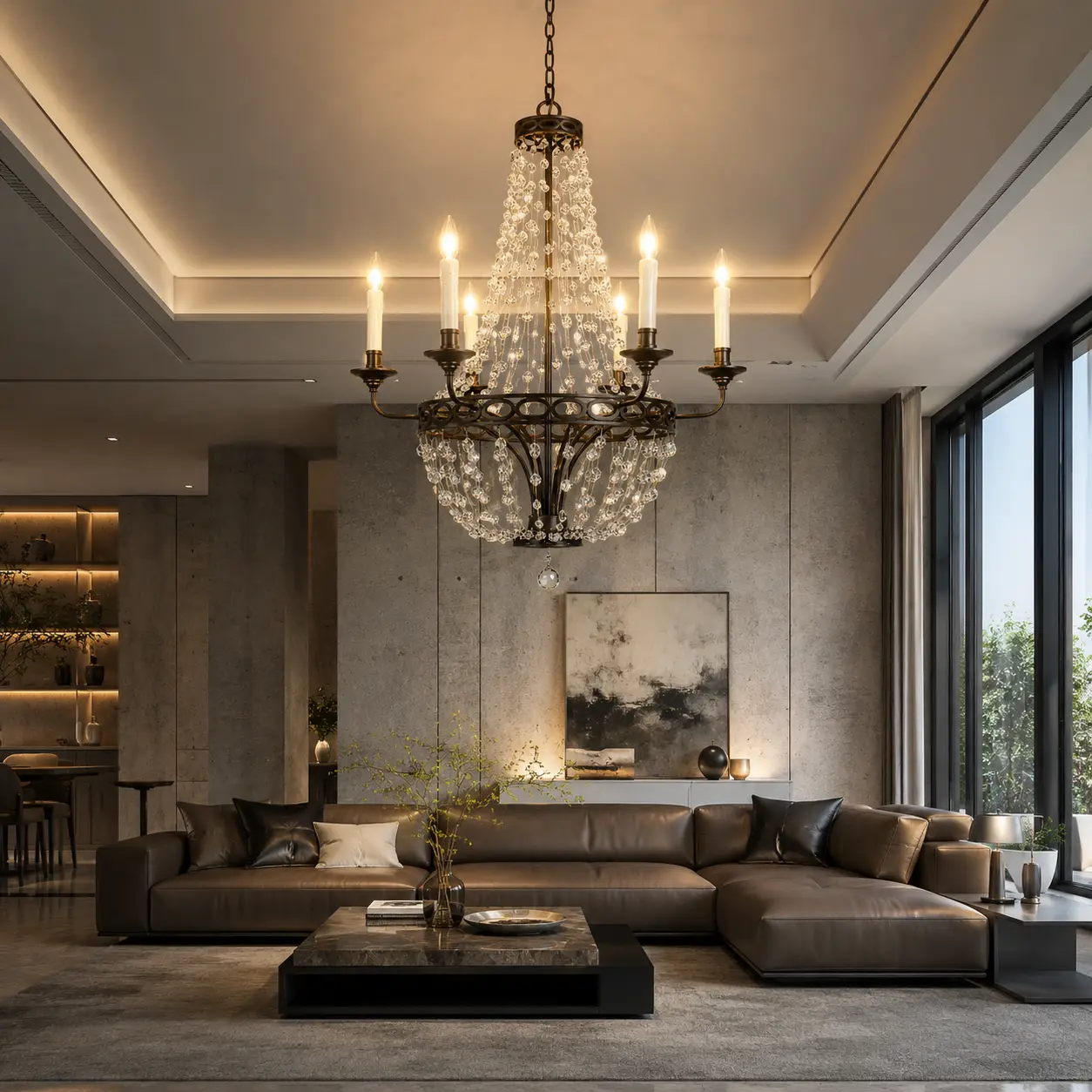 3D Render Suggestion: A expansive modern luxury living area with concrete-textured feature walls, a low-profile Italian leather sectional, and floor-to-ceiling windows. Suspended as the central focal point is The Crystal Grove Chandelier. The 3D render highlights how the organic iron branches and sparkling K9 crystal leaf clusters break up the sharp, linear modern architecture, bringing high-end warmth and sophisticated texture to a minimalist space.