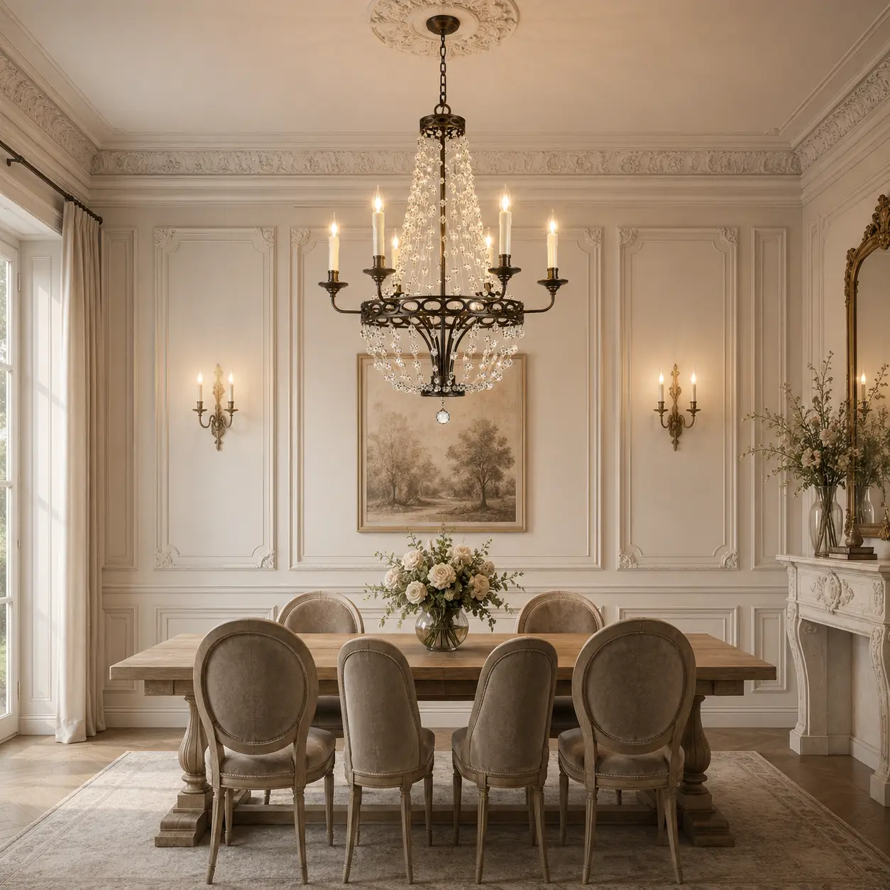 3D Render Suggestion: An elegant French transitional dining room with creamy white boiserie wall panels, a natural light oak table, and soft velvet chairs. Hanging above is The Crystal Grove Chandelier. The 3D render catches the soft interplay of light between the intricate wall details and the organic glass branches, demonstrating how the fixture complements romantic, heritage-inspired aesthetics.