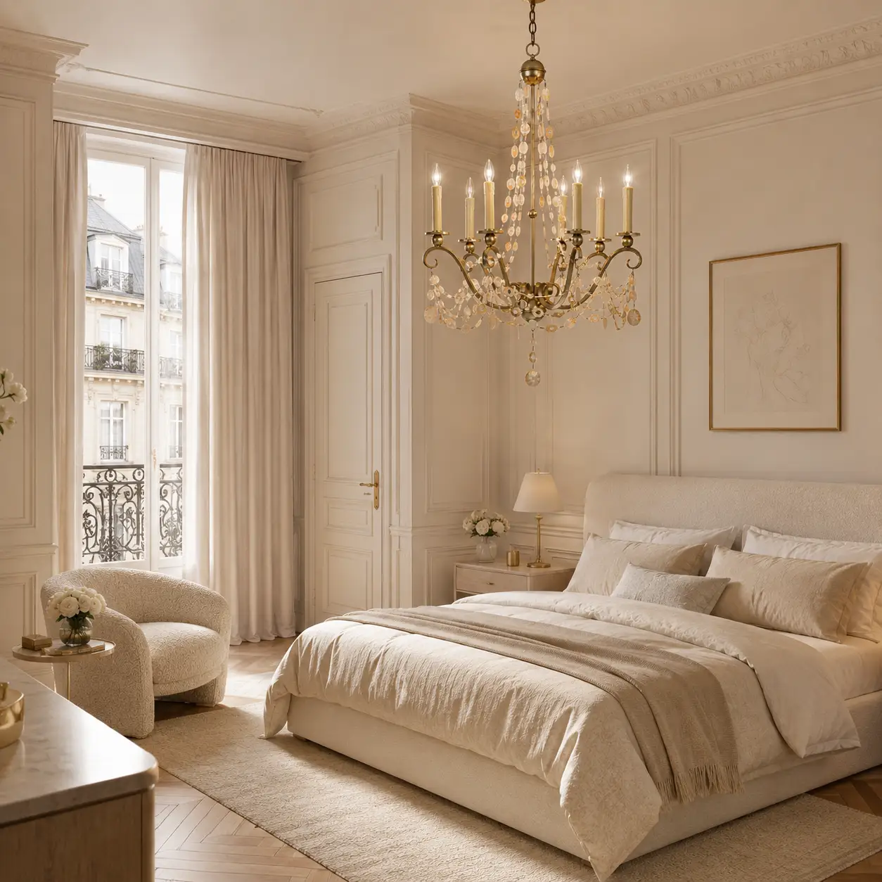 3D Render Suggestion: A Parisian-style warm minimalist master bedroom with herringbone parquet floors, soft ivory walls adorned with subtle moldings, a curved boucle accent chair, and brushed champagne gold details. The chandelier is suspended over the bed area, emphasizing how the gentle shimmer of the natural Capiz shell layers blends beautifully with delicate, cream-toned modern luxury environments.