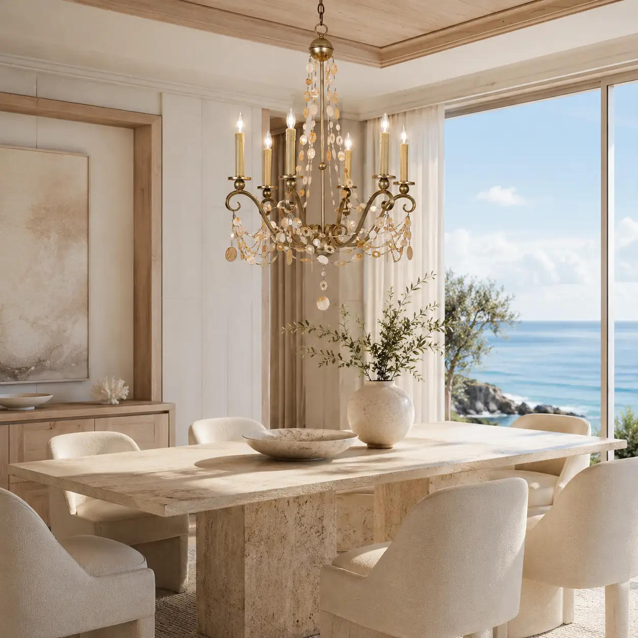 3D Render Suggestion: An elegant Modern Coastal Luxury dining room overlooking a panoramic ocean view, featuring bleached white oak paneling, a large travertine dining table, and soft linen-upholstered chairs. The Seaside Elegance Chandelier hangs centered over the dining table. The 3D render captures the sunlight filtering through the natural translucent Capiz shells, showing how the organic texture softens clean modern architectural lines and brings an effortless, high-end organic warmth to the coastal setting.