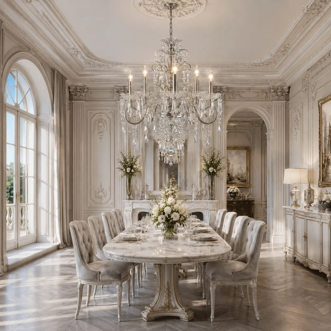 6-Light-Silver-Nickel-Chandelier-with-Calyx-Accents-and-K9-Crystal-Prisms-neoclassical-dining 6-Light-Silver-Nickel-Chandelier-with-Calyx-Accents-and-K9-Crystal-Prisms-neoclassical-dining