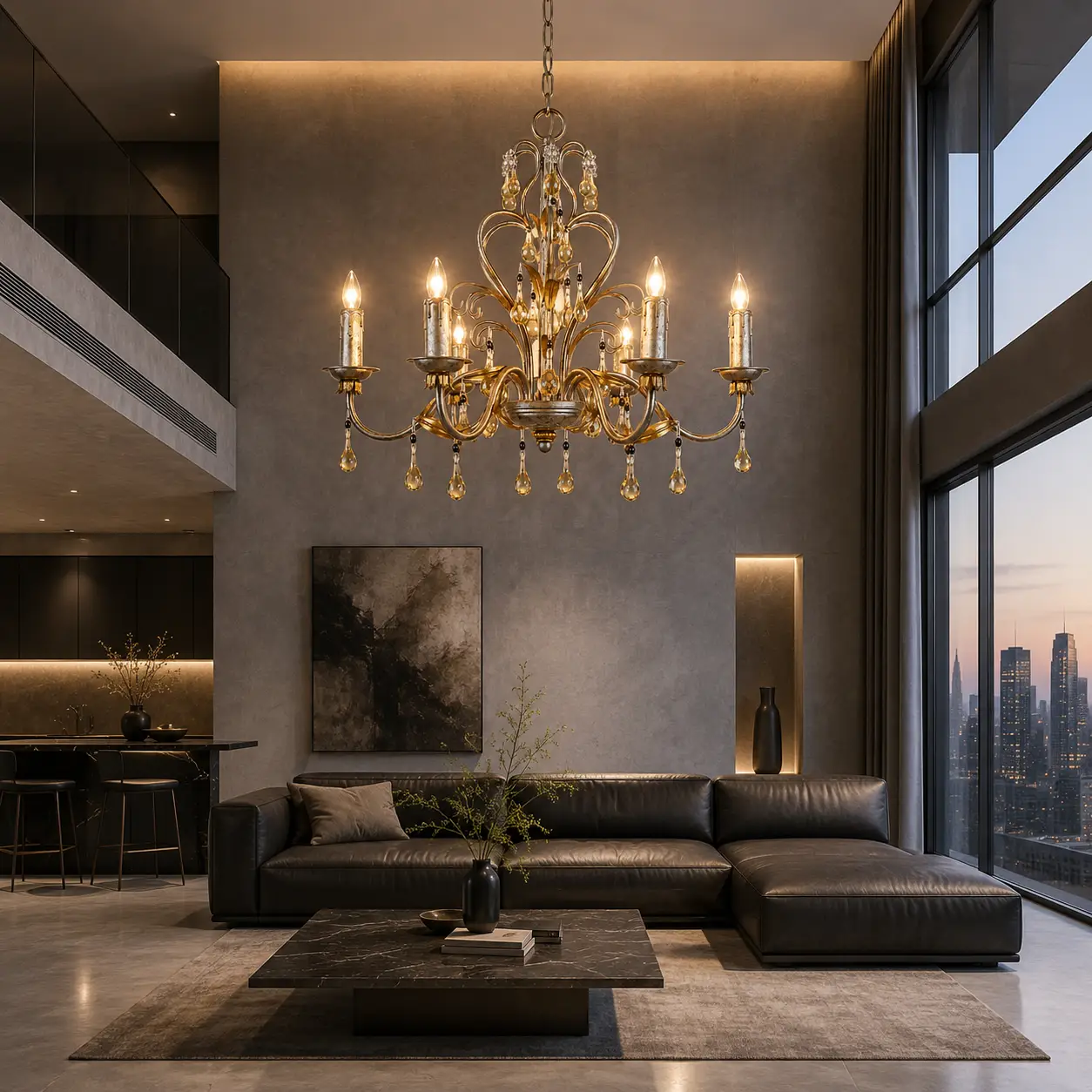 3D Render Suggestion: A sleek, modern luxury penthouse living room featuring textured matte grey concrete walls, micro-cement flooring, and an ultra-minimalist charcoal Italian leather sofa. Suspended from the high ceiling is the 6-Light Antique Silver and Gold Leaf Chandelier. The 3D render illustrates how the complex hand-applied gold leaf textures and the rich amber crystals break the rigid, cold linearity of the modern space, splashing a warm, historic glow against the minimalist concrete surfaces, proving high-contrast compatibility.
