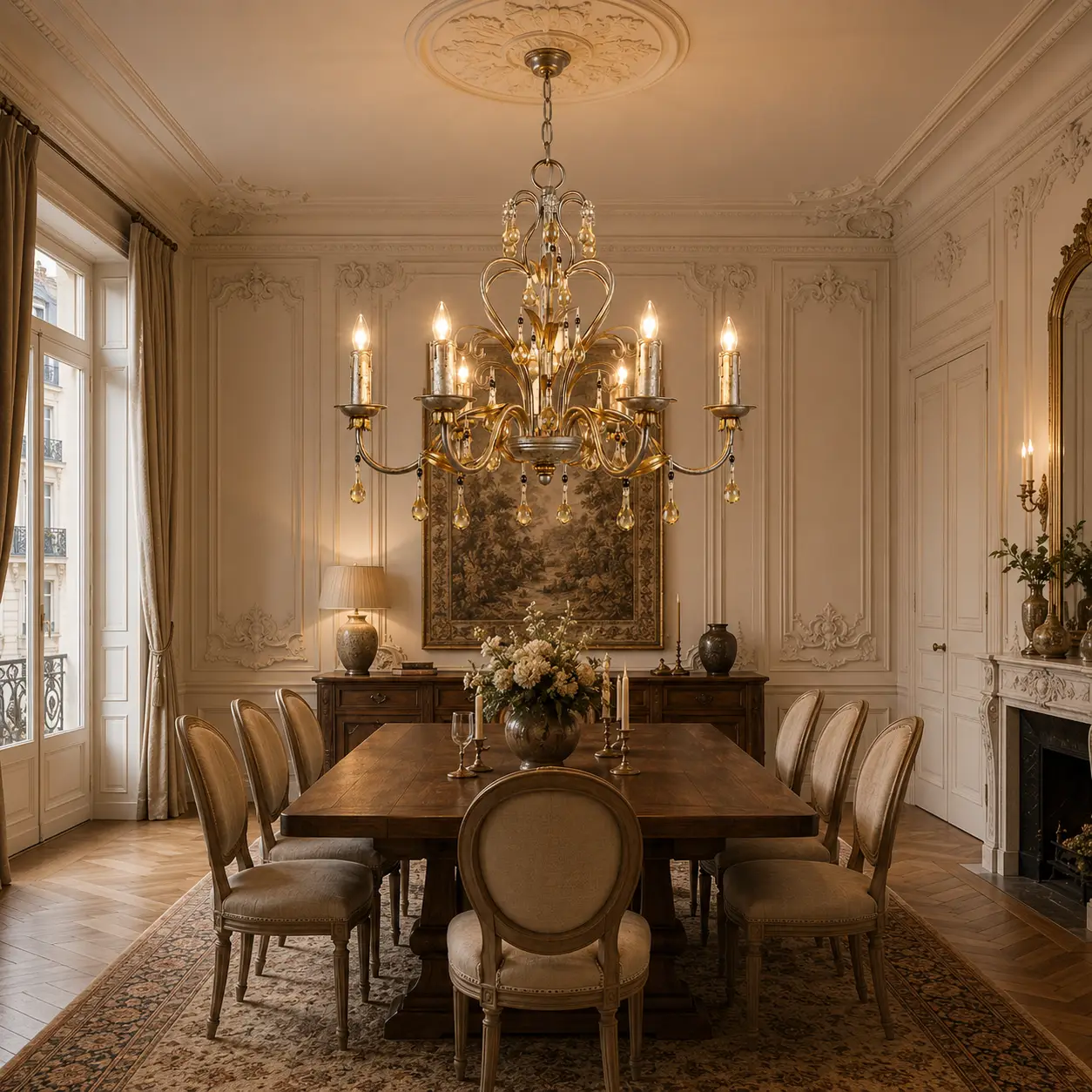 3D Render Suggestion: An elegant Parisian style grand dining room featuring intricate off-white boiserie wall moldings, chevron oak floors, and a solid walnut dining table. Hanging centrally from an ornate ceiling medallion is the 6-Light Chandelier. The 3D render captures the rich harmony between the hand-painted resin candle holders, the warm amber crystal swags, and the gold leaf detailing as they pick up the room's traditional architecture, casting an intimate, candle-like ambiance.