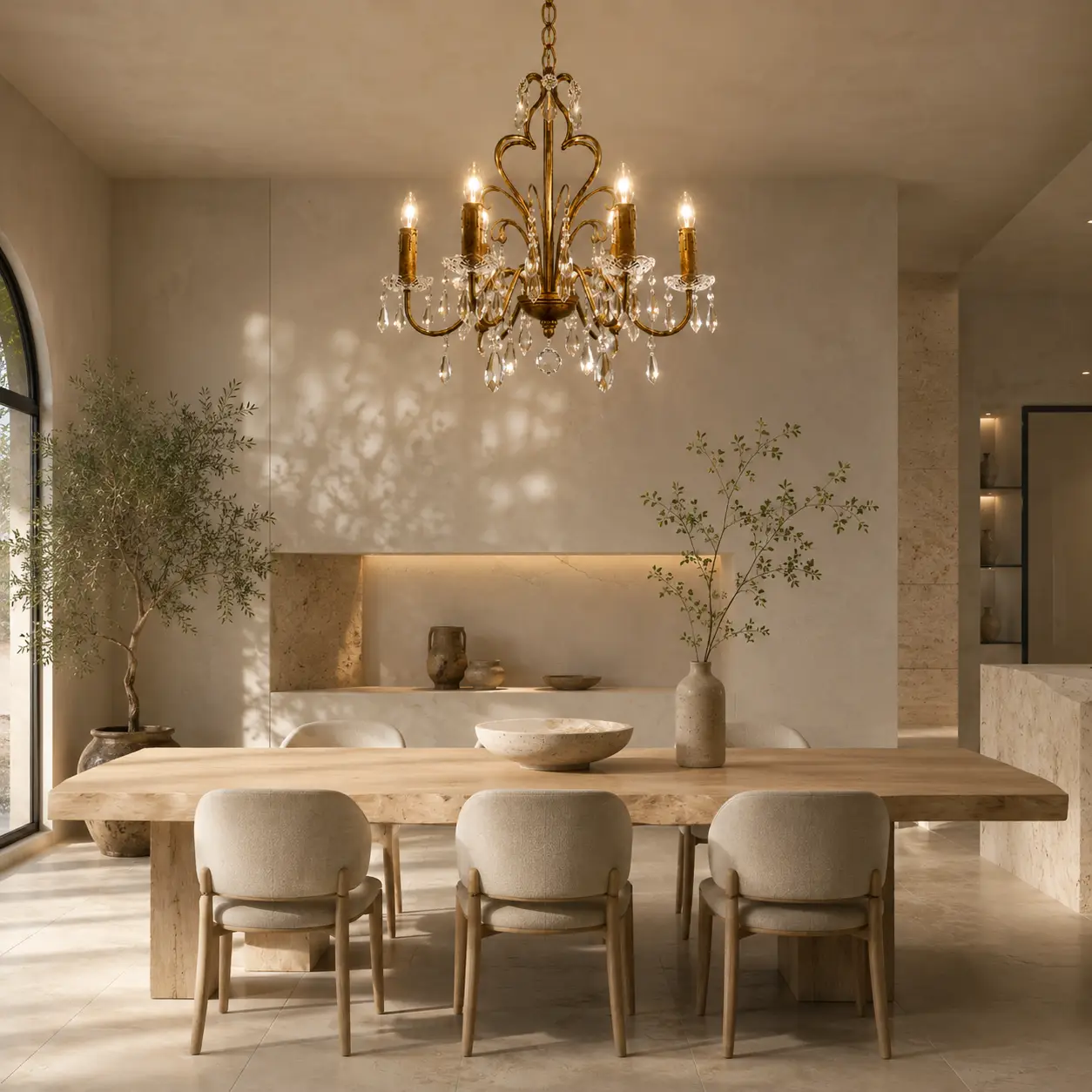 3D Render Suggestion: A warm minimalist open-concept dining room with textured beige plaster walls, a solid light oak dining slab table, and travertine stone details. Centered above is the 6-Light Antique Gold Chandelier. The 3D render focuses on the high-contrast juxtaposition: the ornate scrollwork arms and sparkling K9 crystal chains cast complex, organic shadows that soften the clean, geometric minimalist room below.