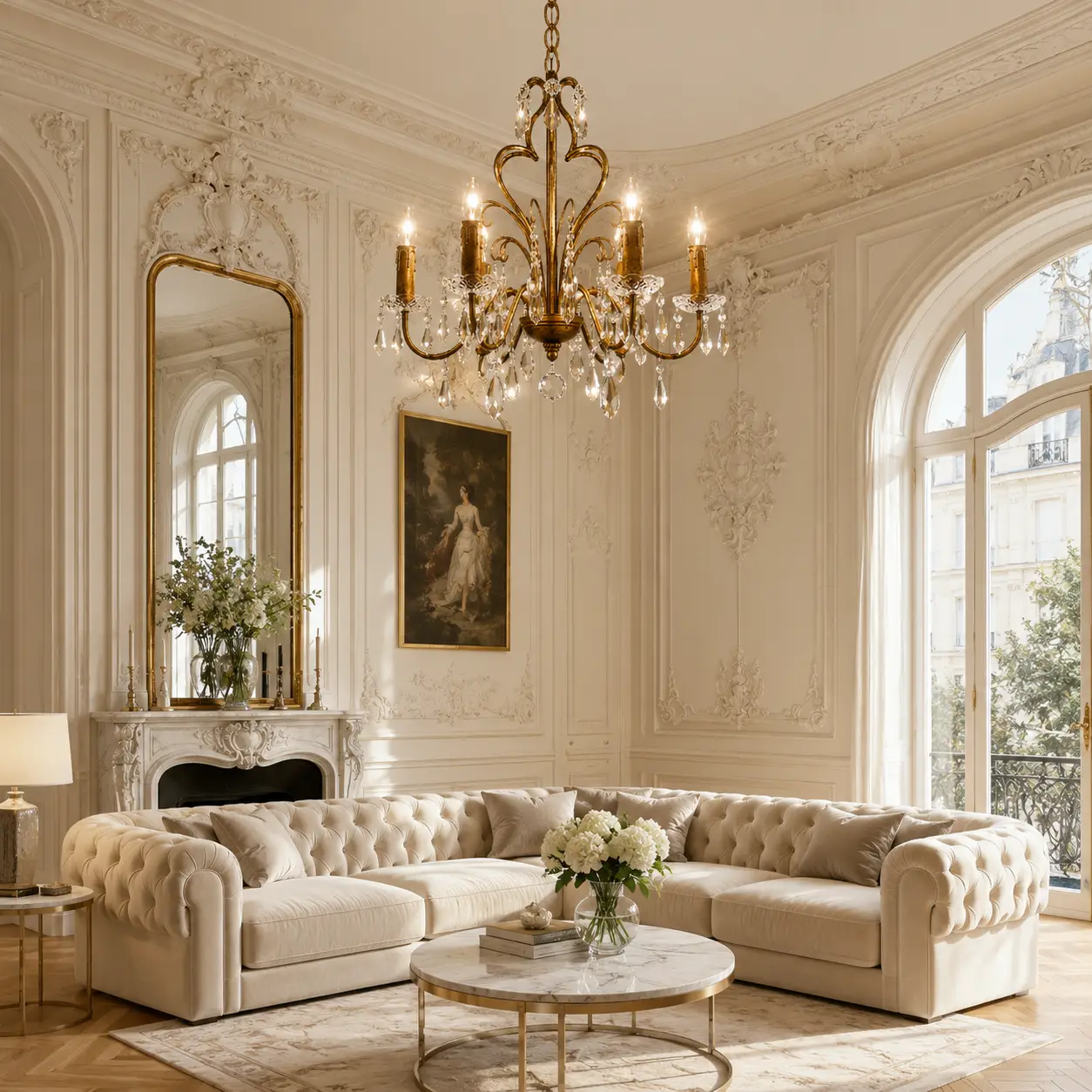 3D Render Suggestion: A grand Parisian salon featuring intricate white plaster wall boiserie, light chevron European oak flooring, and a plush tufted cream velvet sectional. Suspended in the high vertical void is the 6-Light Antique Gold Chandelier. The 3D render masterfully illustrates how the distressed gold leaf finish harmonizes with warm wall moldings, while the cascading K9 crystals capture daylight from floor-to-ceiling arched windows, introducing high-society historical romance into the transitional space.