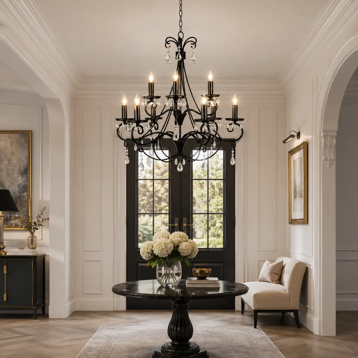 9-Light-2-Tier-Matte-Black-Chandelier-with-Twisted-Rope-Like-Stems-transitional-foyer 9-Light-2-Tier-Matte-Black-Chandelier-with-Twisted-Rope-Like-Stems-transitional-foyer