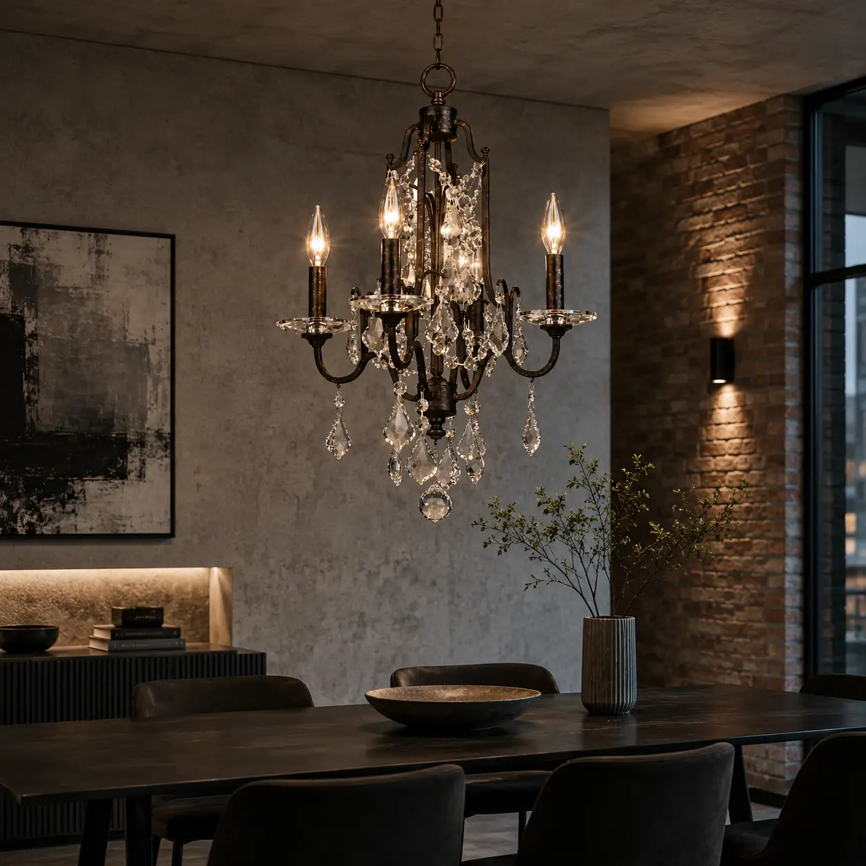 3D Architectural Render of the Adelaide Vintage Bronze Chandelier installed in a high-ceiling minimalist foyer featuring exposed brickwork and polished concrete flooring