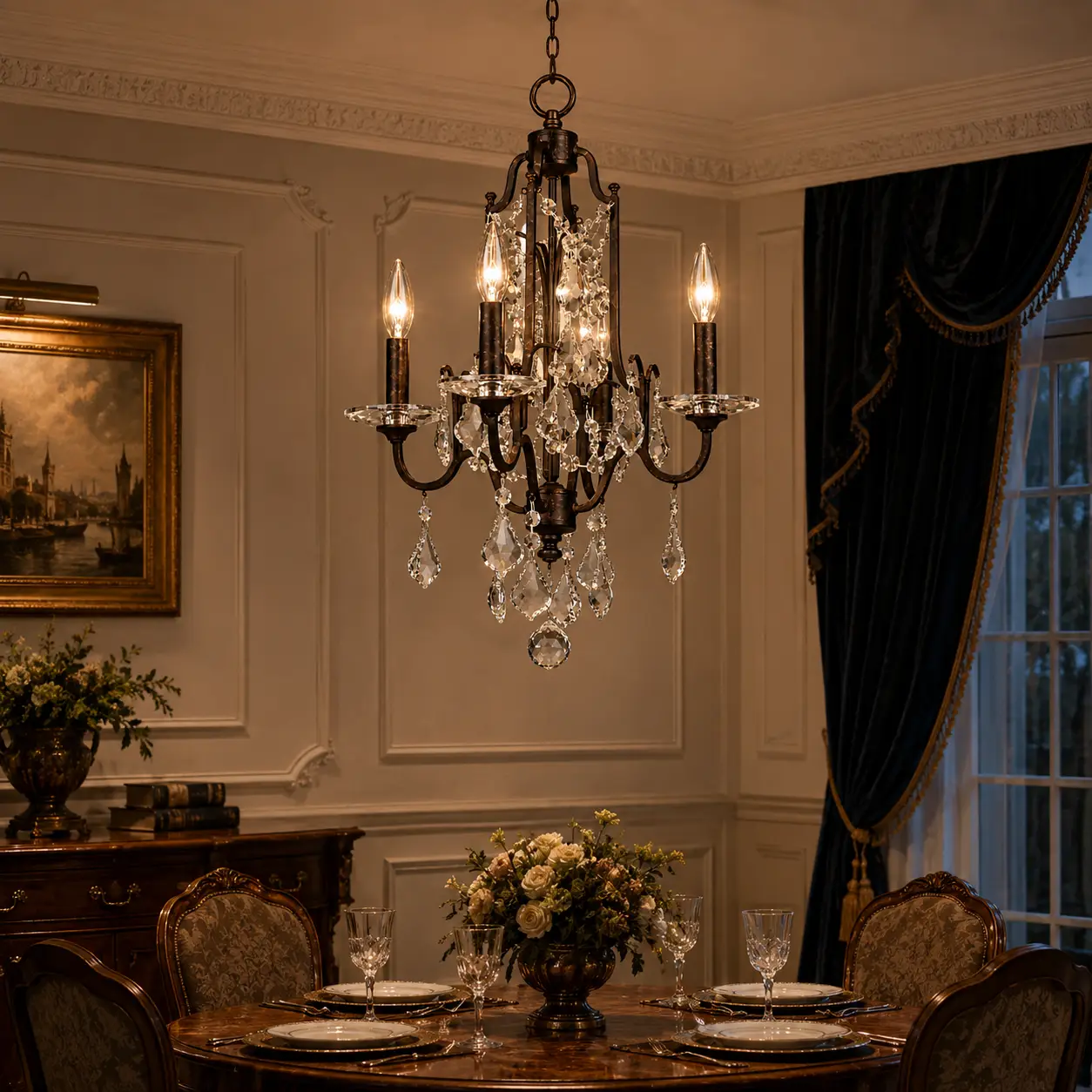 3D Space Concept showcasing the Adelaide 4-Light Crystal Chandelier in Vintage Bronze finish hanging in an elegant American Vintage living room with deep wood paneling and rustic luxury accents