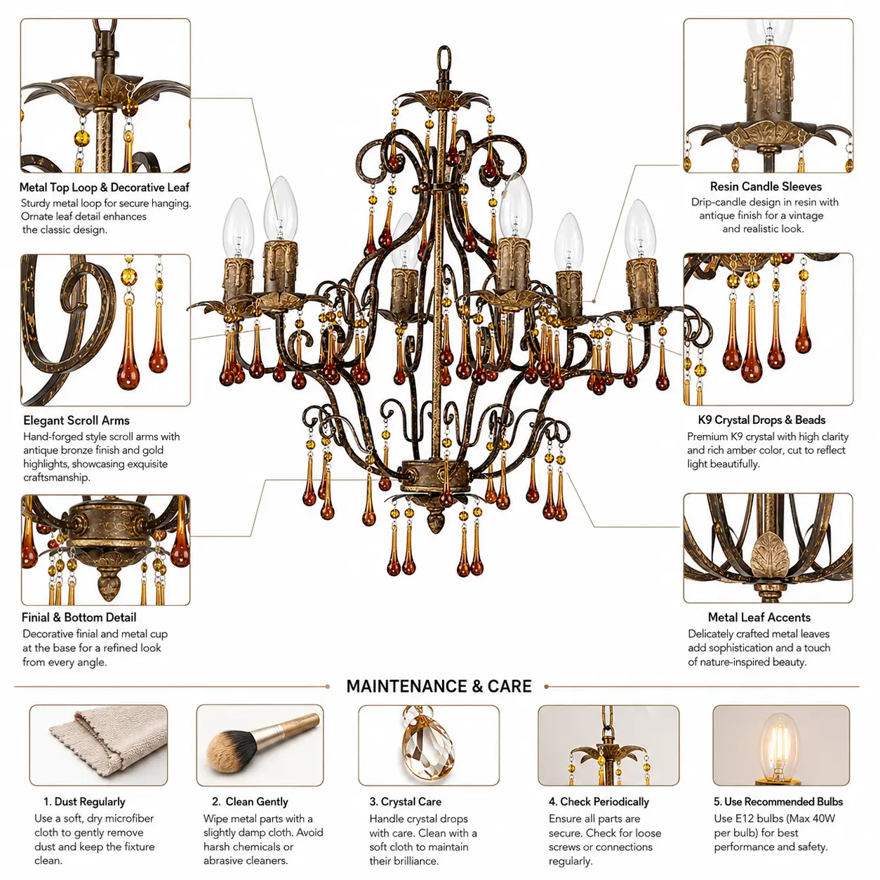 Antique-Bronze-6-Light-Chandelier-with-Amber-Crystal-Drops-2 Antique-Bronze-6-Light-Chandelier-with-Amber-Crystal-Drops-2