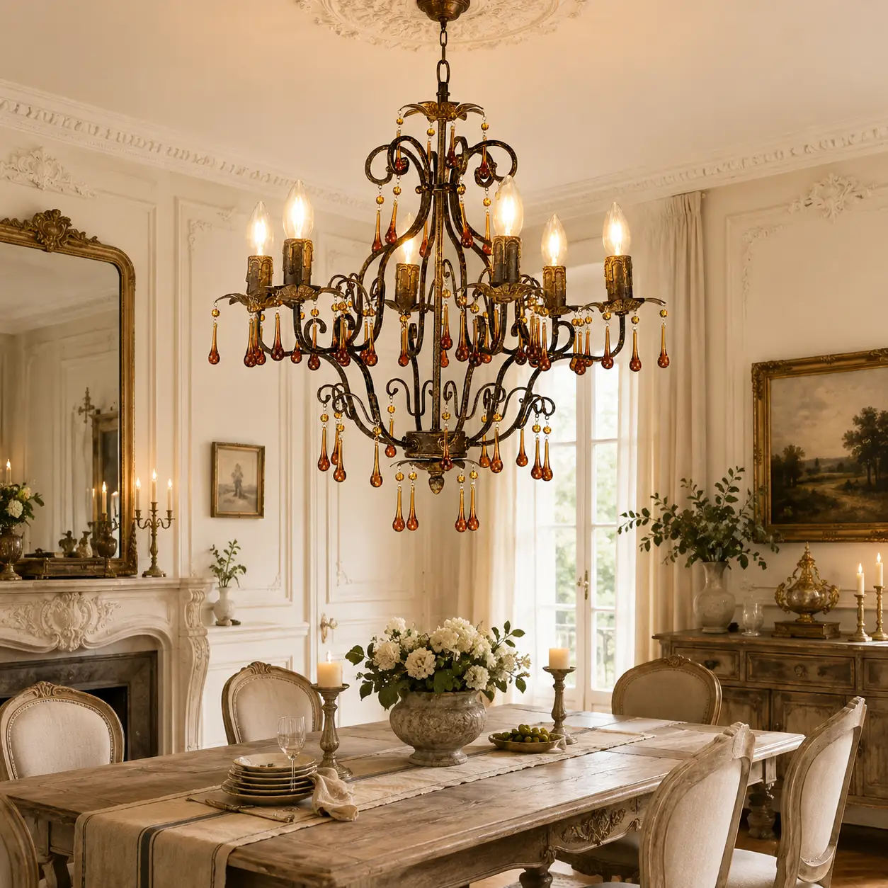Antique-Bronze-6-Light-Chandelier-with-Amber-Crystal-Drops-neoclassical-dining Antique-Bronze-6-Light-Chandelier-with-Amber-Crystal-Drops-neoclassical-dining