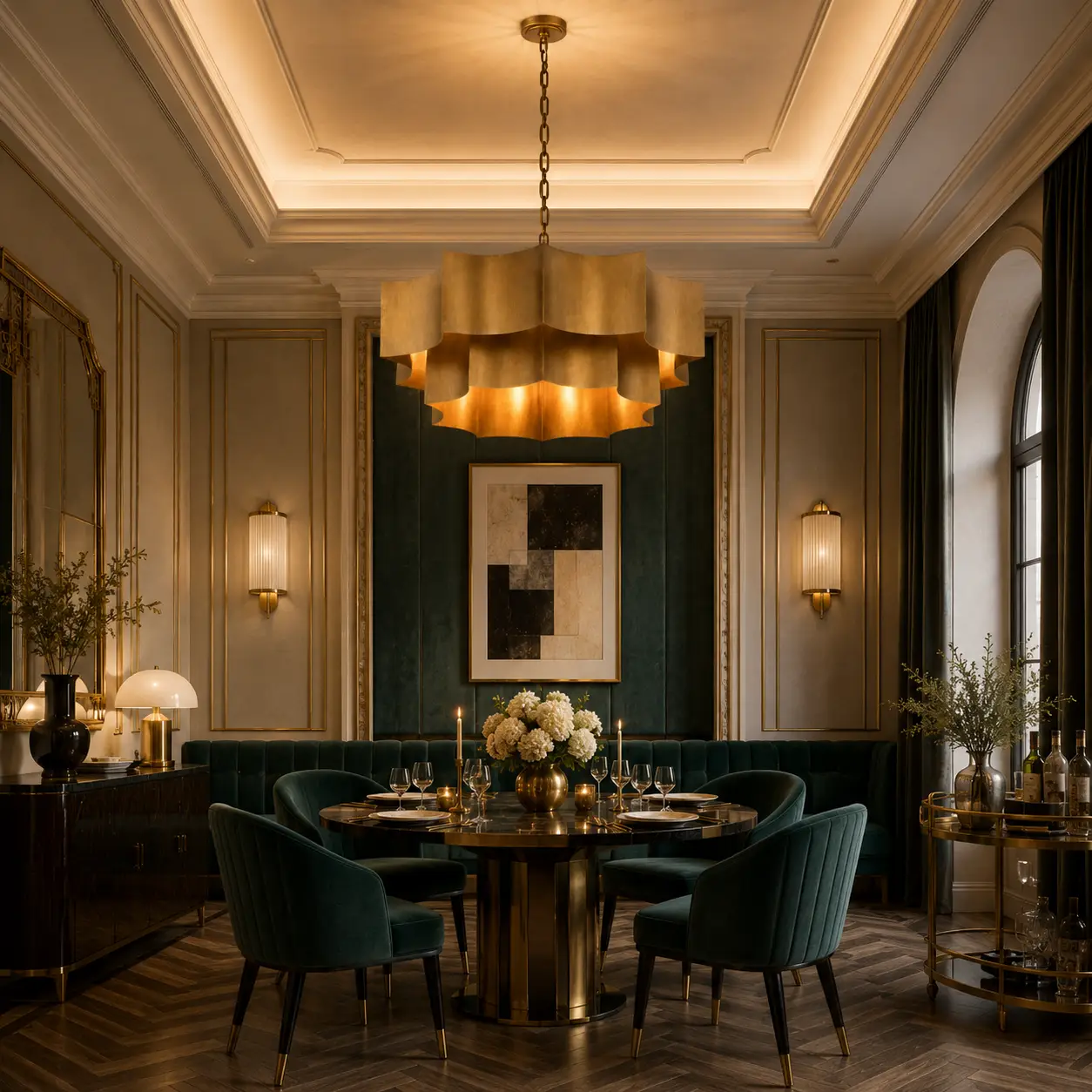 3D Architectural Visualization of the Archevelle Multi-Tiered Pendant suspended over a long dark wood dining table in a French Light Luxury room with detailed wall paneling