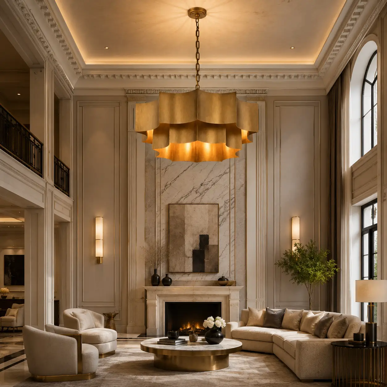3D Space Concept showcasing the Archevelle Tiered Scalloped Drum Chandelier in Classic Gold Patina hanging in a high-ceiling Modern Luxury Grand Living Room with limestone walls