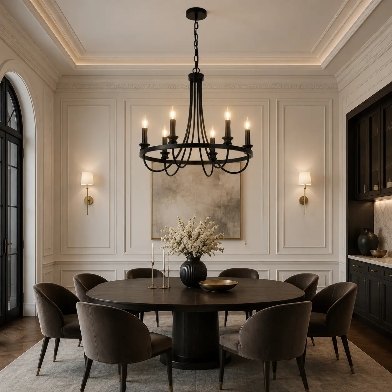 Arclume-6-Light-Pendant-in-Matte-Black-with-Waisted-Accents-neoclassical-dining Arclume-6-Light-Pendant-in-Matte-Black-with-Waisted-Accents-neoclassical-dining