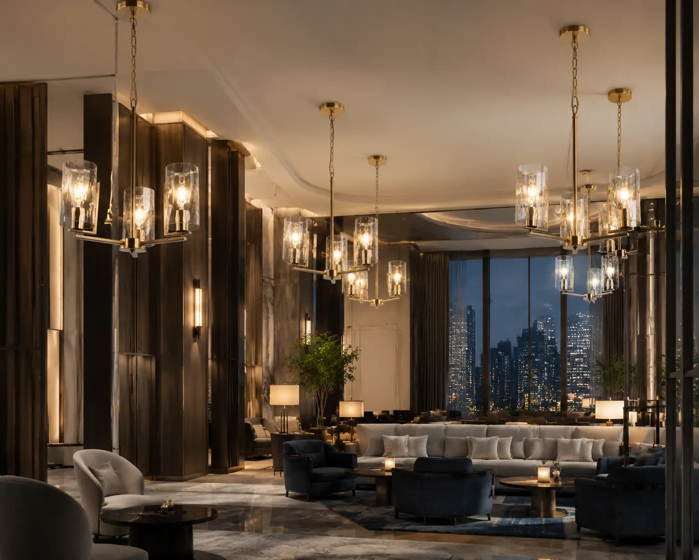 Custom Cluster Aurion Pendant Lights in Hotel Lounge Bar