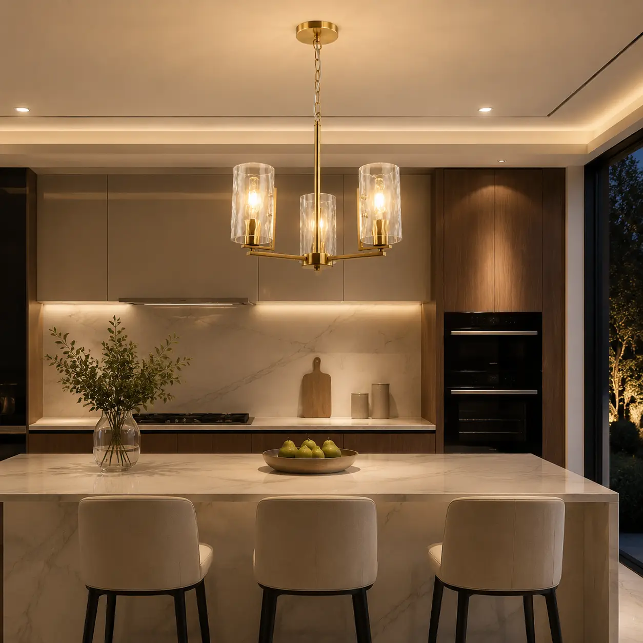 Aurion 3-Light Pendant in Modern Luxury Kitchen Island Setting