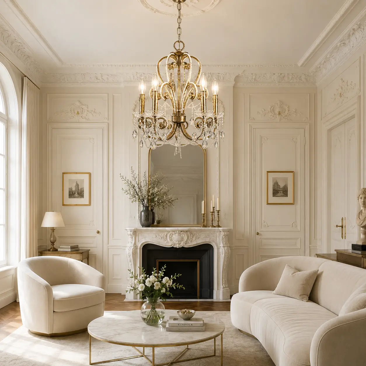 3D Render Suggestion: A bright French Modern Chic parlor with off-white boiserie wall moldings, a restored marble fireplace, and cream velvet seating. The Aurora chandelier is centered over the lounge area, proving to global distributors that its sculpted candle resin holders and elegant arm lines fit historical interior proportions perfectly.