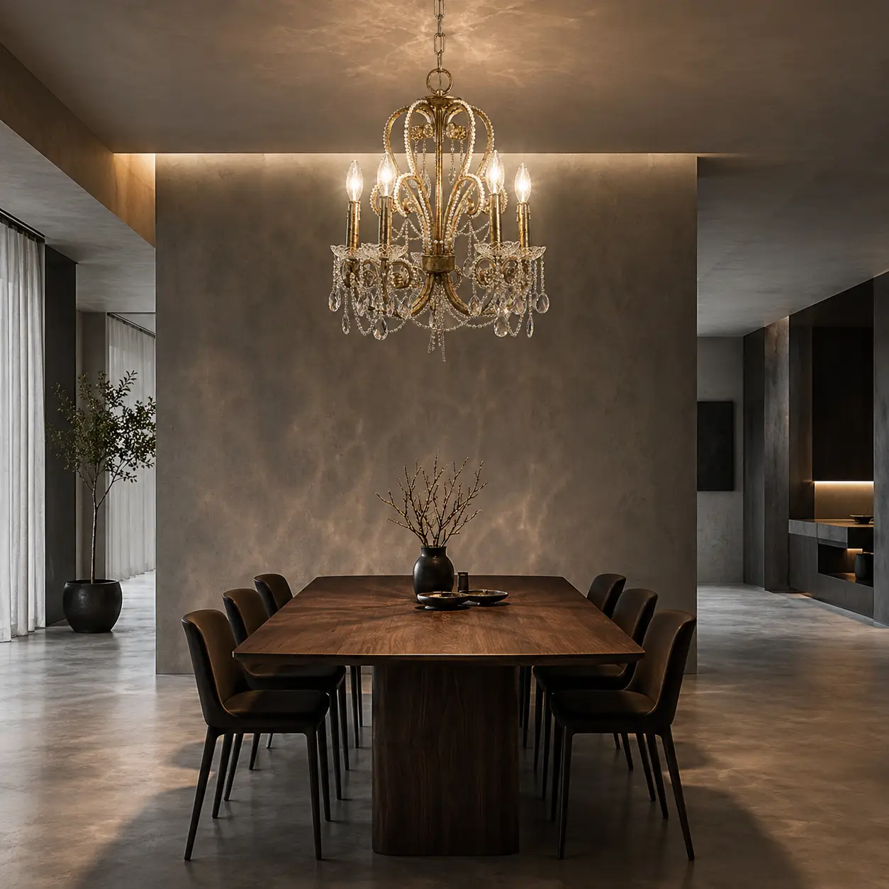 3D Render Suggestion: A sleek Modern Luxury open-concept dining salon featuring minimalist matte charcoal concrete walls, raw micro-cement flooring, and an oversized linear black walnut dining table. The Aurora 5-Light Crystal Chandelier hangs precisely above the center. The render visually demonstrates how the highly refractive K9 crystal facets and clear acrylic bobeches introduce a softer, emotional 'Aurora' light play that breaks up strict geometric minimalism without cluttering the architectural volume.
